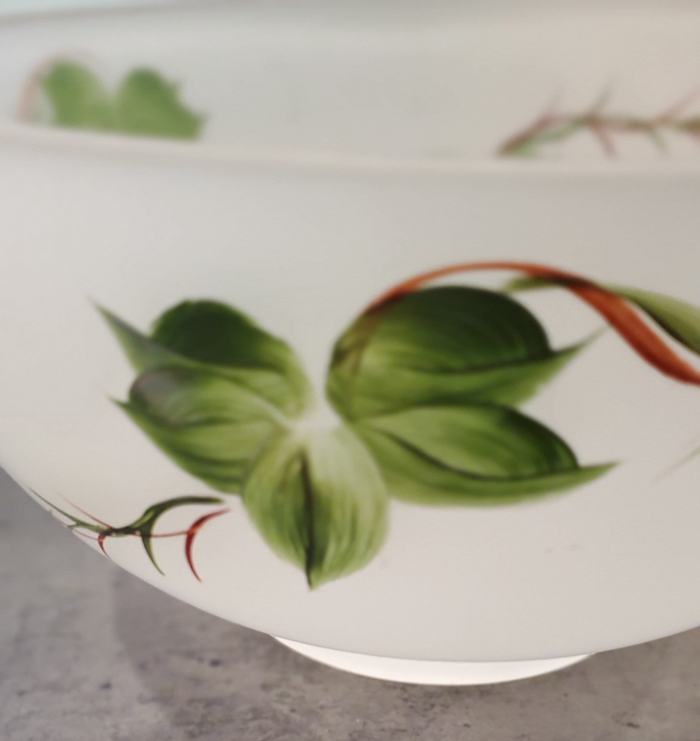 MC S Hazel Atlas Gay Fad Ivy Handpainted Satin Frosted Glass Fruit Salad Serving Bowl