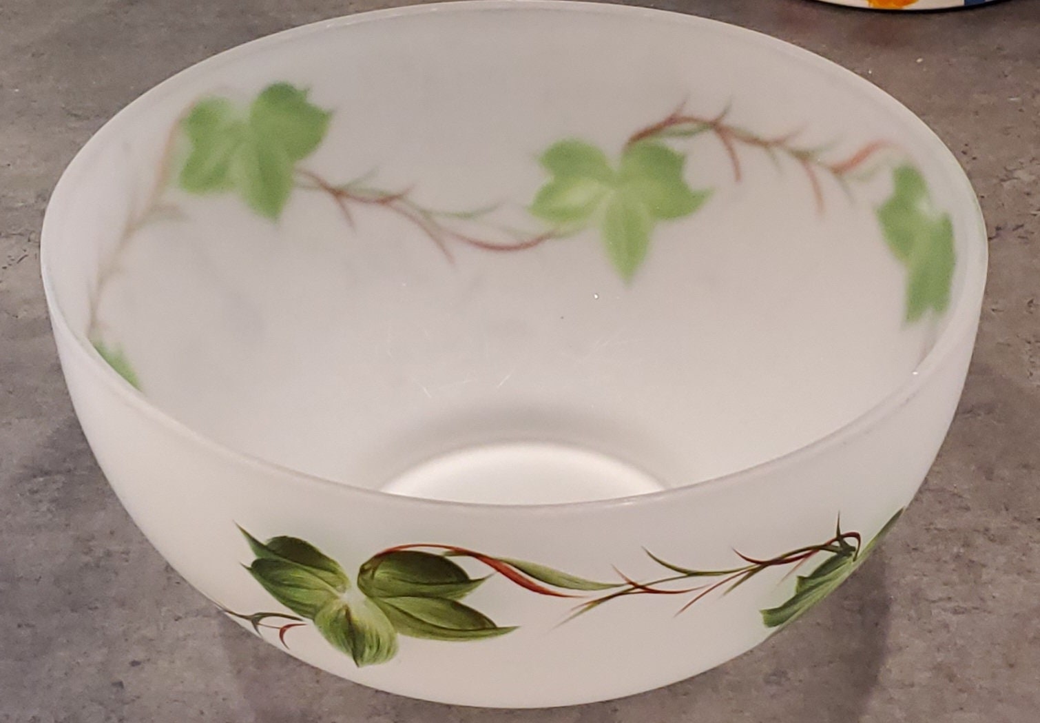 MC S Hazel Atlas Gay Fad Ivy Handpainted Satin Frosted Glass Fruit Salad Serving Bowl