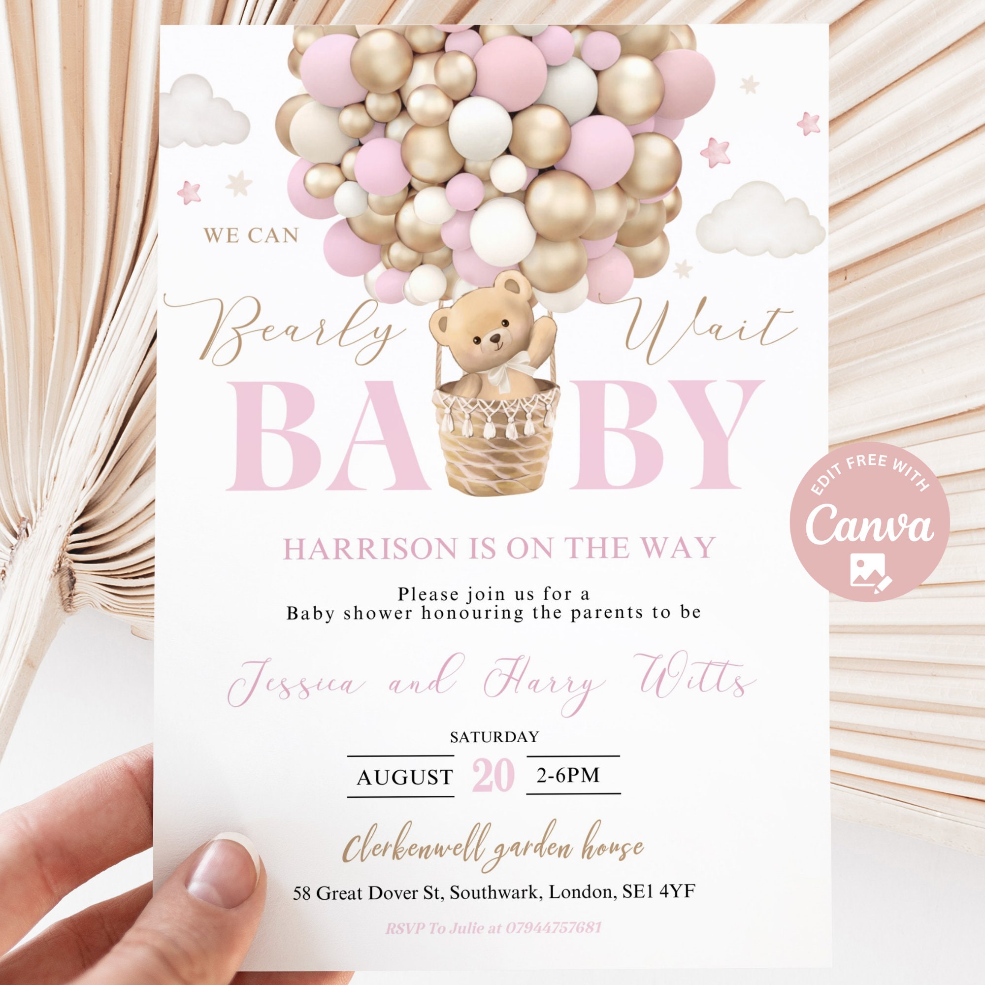Editable Pink We Can Bearly Wait Baby Shower Invite Hot Air Balloon Girl Teddy Bear Theme Boho