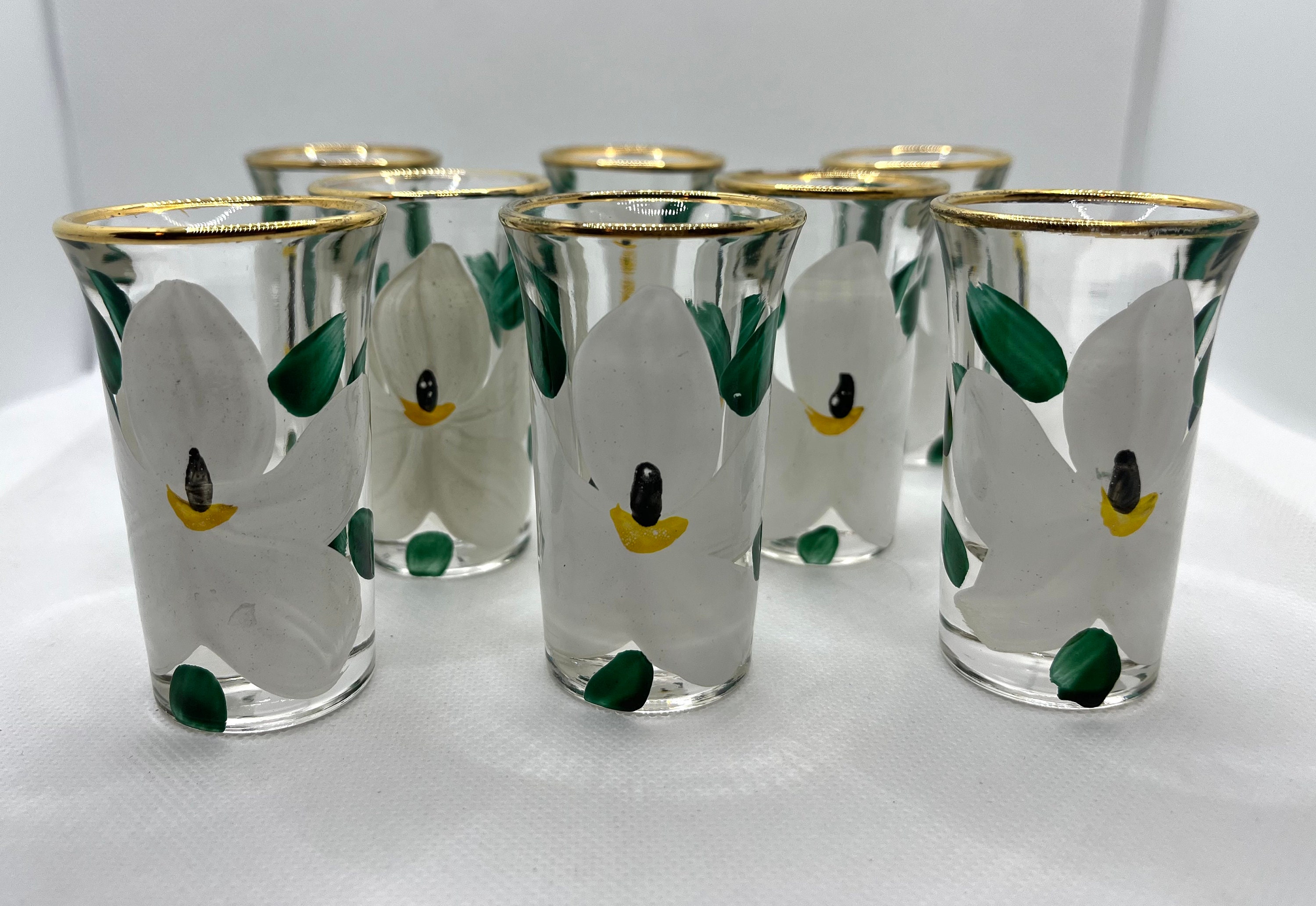 Bartlett Collins Gay Fad Painted White Magnolia Flower Clear Shot Glass Gold Rim MCM Floral