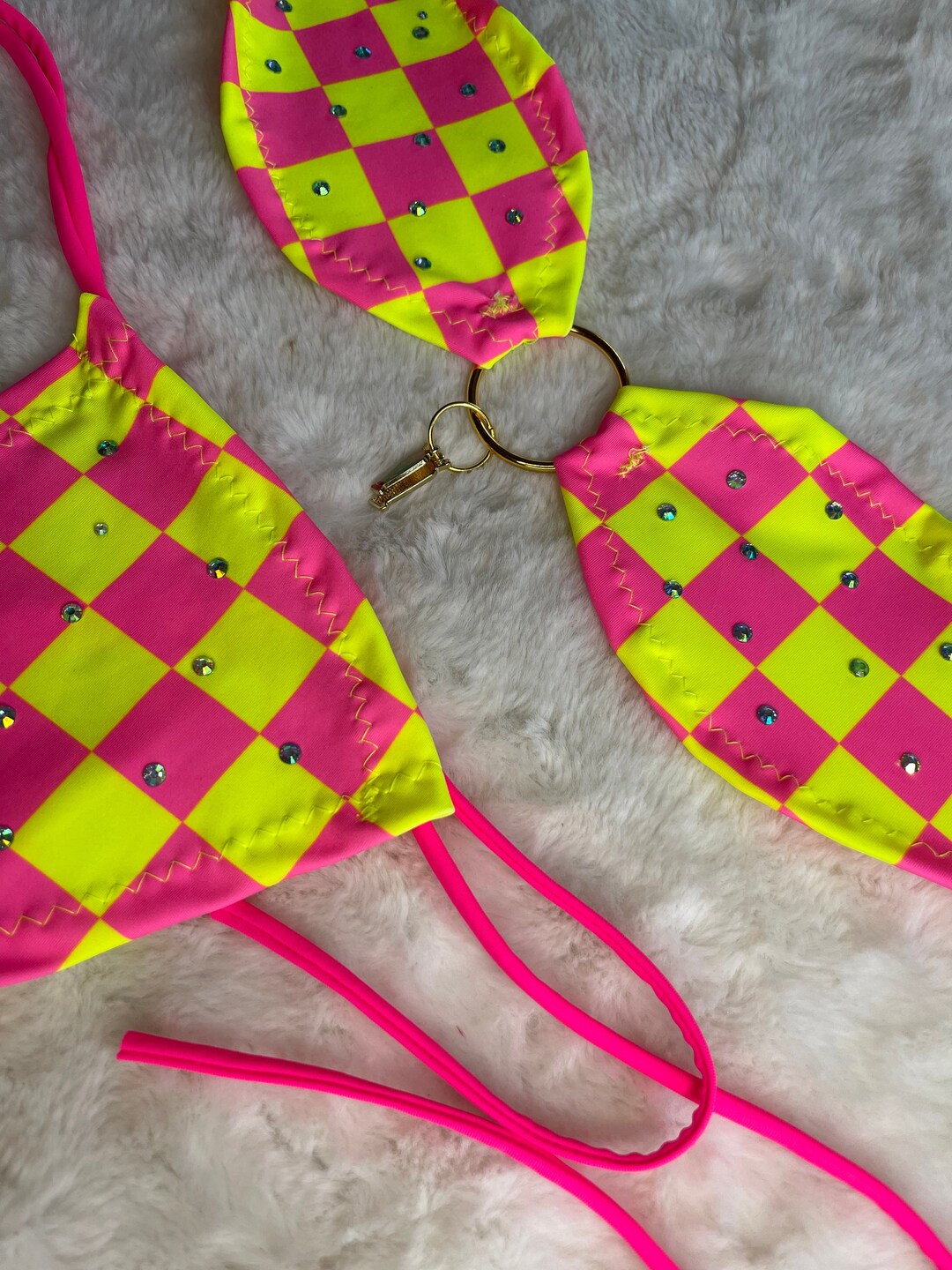 Neon Checkered Micro Bandeau Bikini Stripper Outfits Exotic Dancewear