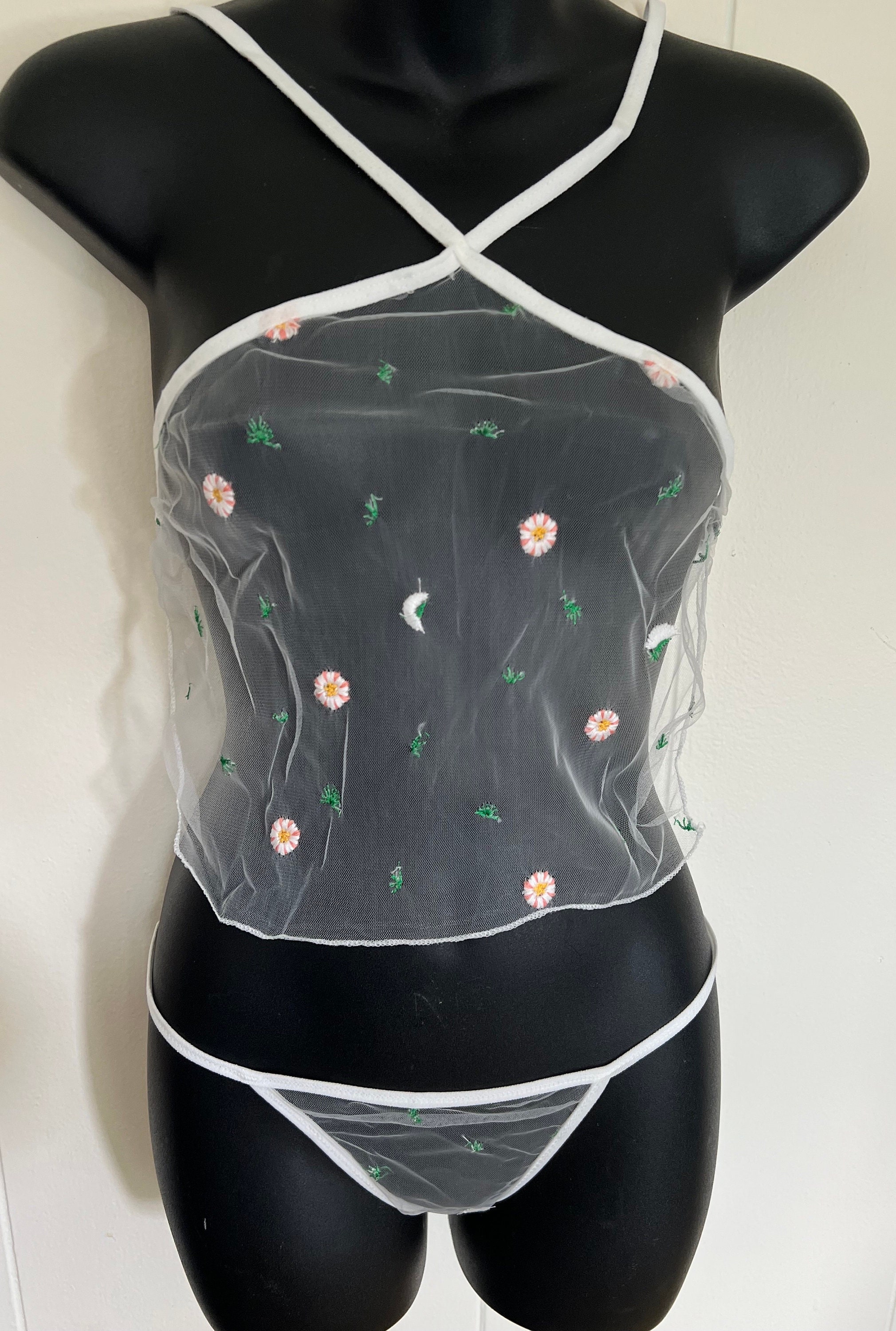 Flower Transparent See Through Lingerie Set Floral Daisy Embroidered Lace Lingerie Set Wedding