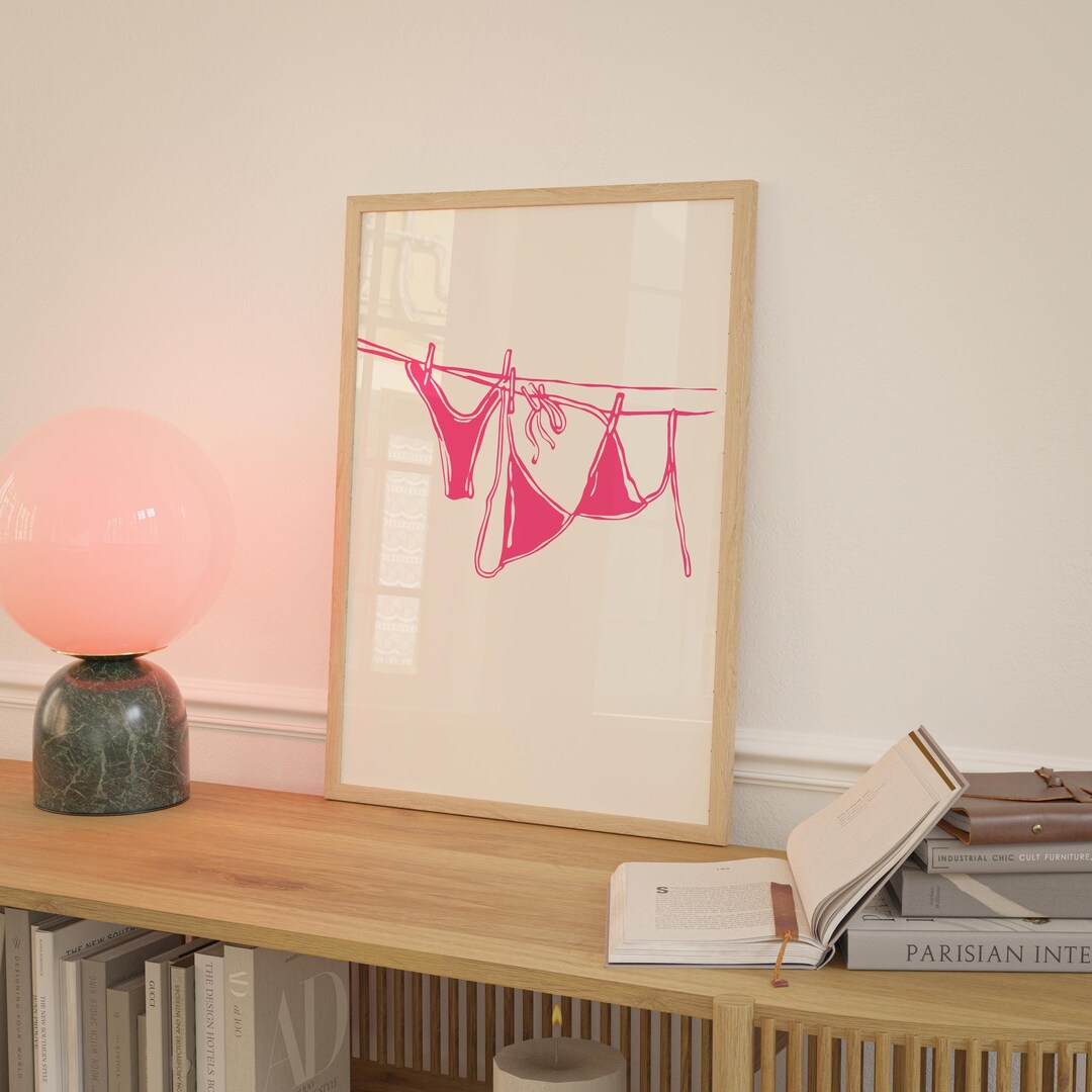 Pink Bikini On Clothesline Print College Apartment Decor Coastal Beachy Dorm Room Posters