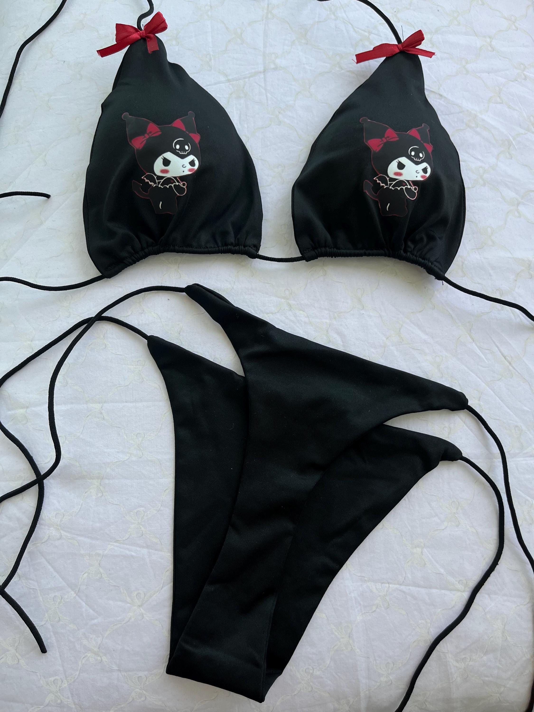 Kuromi Custom Bikini Set Bra Swimsuit Personalized Black Emo Goth Egirl Sanrio Edgy Bows Etsy