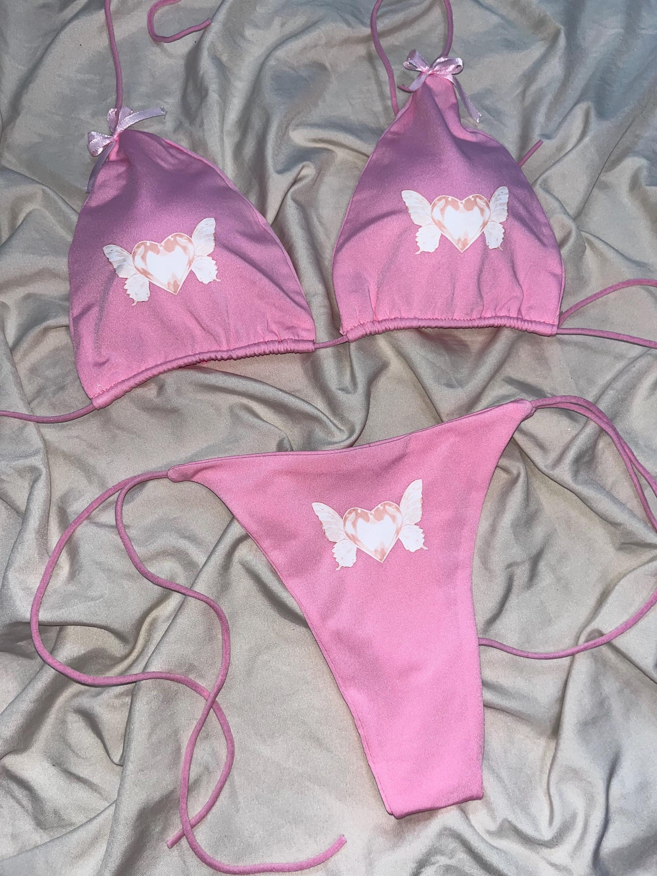 Angel Heart Wings Custom Bikini Set Bra Swimsuit Personalized Pink White Coquette Egirl