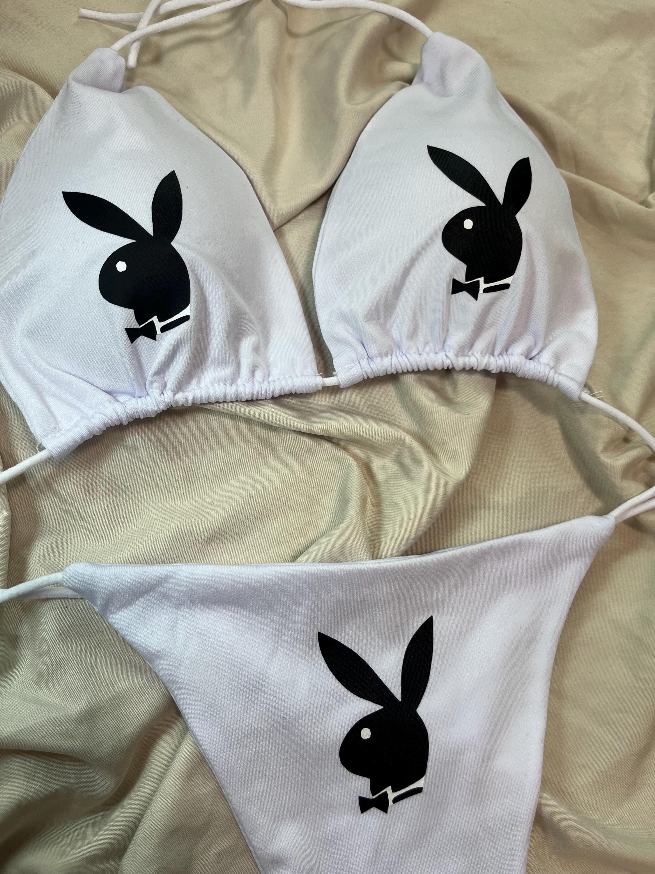 Bad Bunny Playboy Custom Bikini Set Bra Swimsuit Personalized Black Emo Goth Egirl Black And