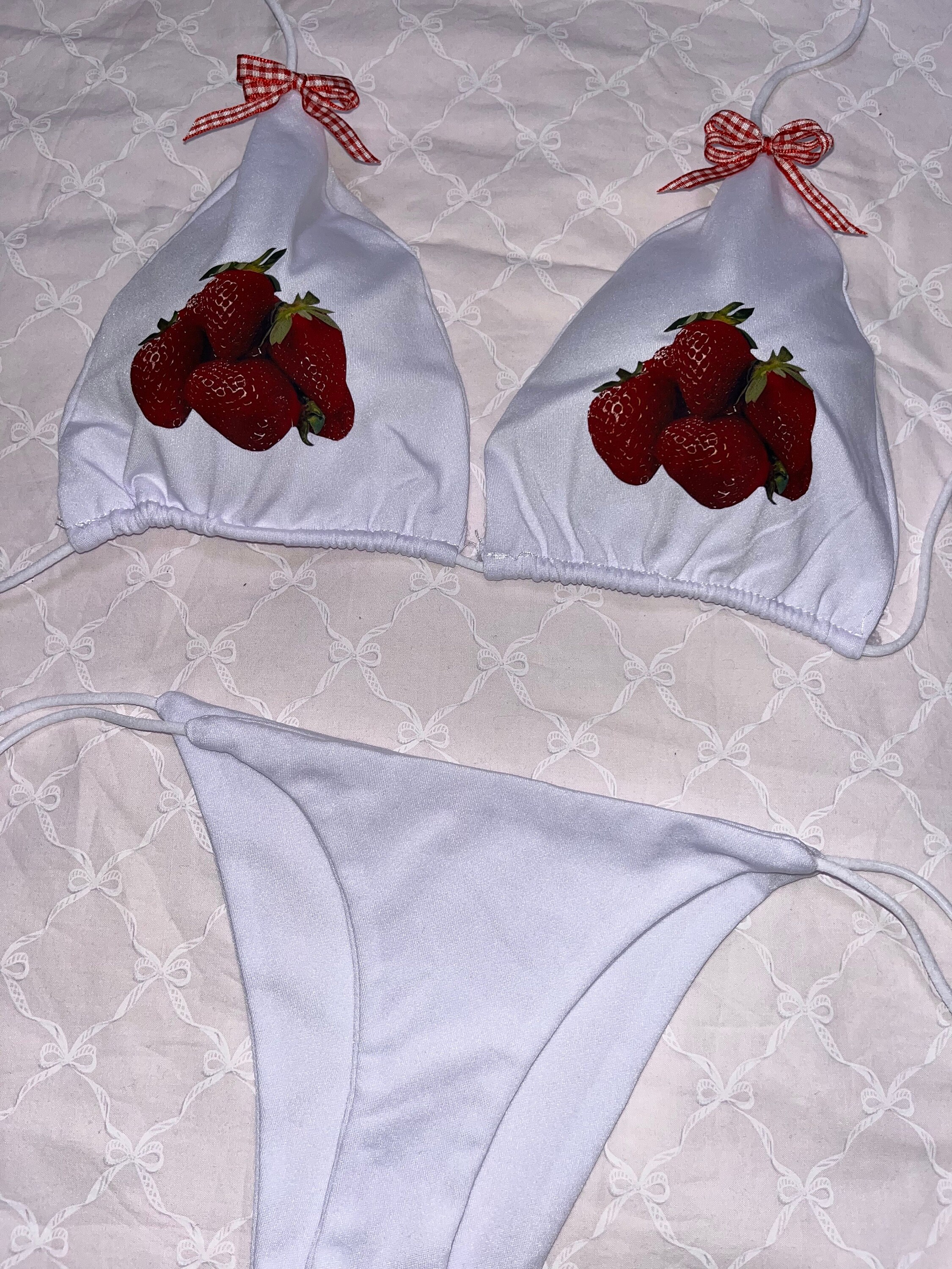 Strawberry Custom Bikini Set Bra Swimsuit Personalized White Coquette Egirl Bows Lana Del Rey