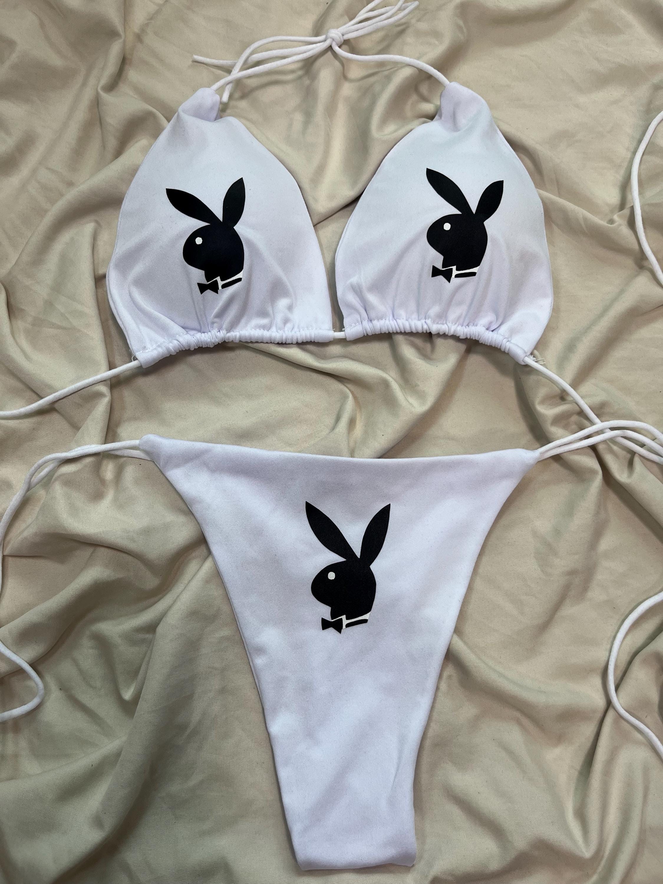 Bad Bunny Playboy Custom Bikini Set Bra Swimsuit Personalized Black Emo Goth Egirl Black And