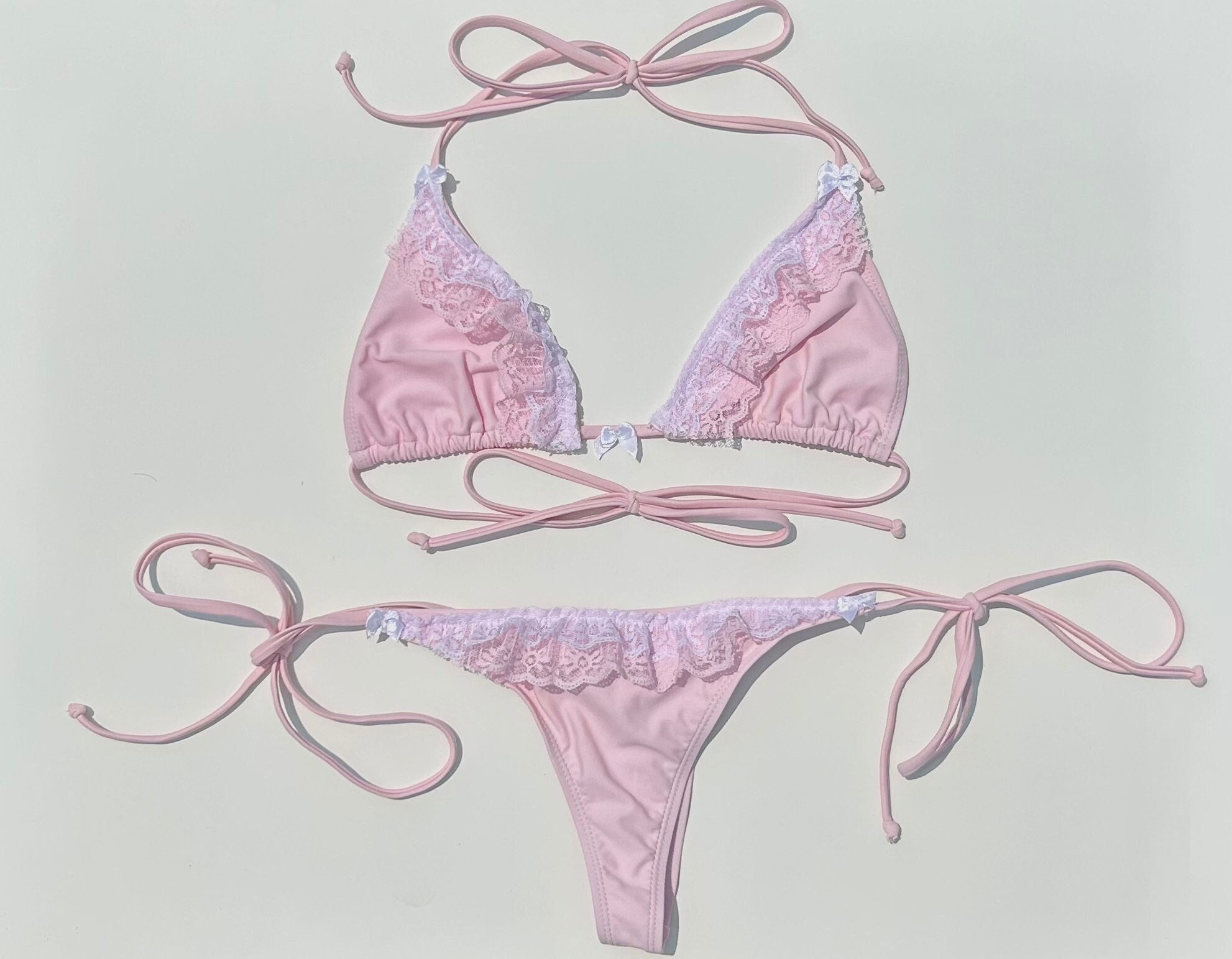 Pink And White Ruffle Lace Trim Bikini Etsy