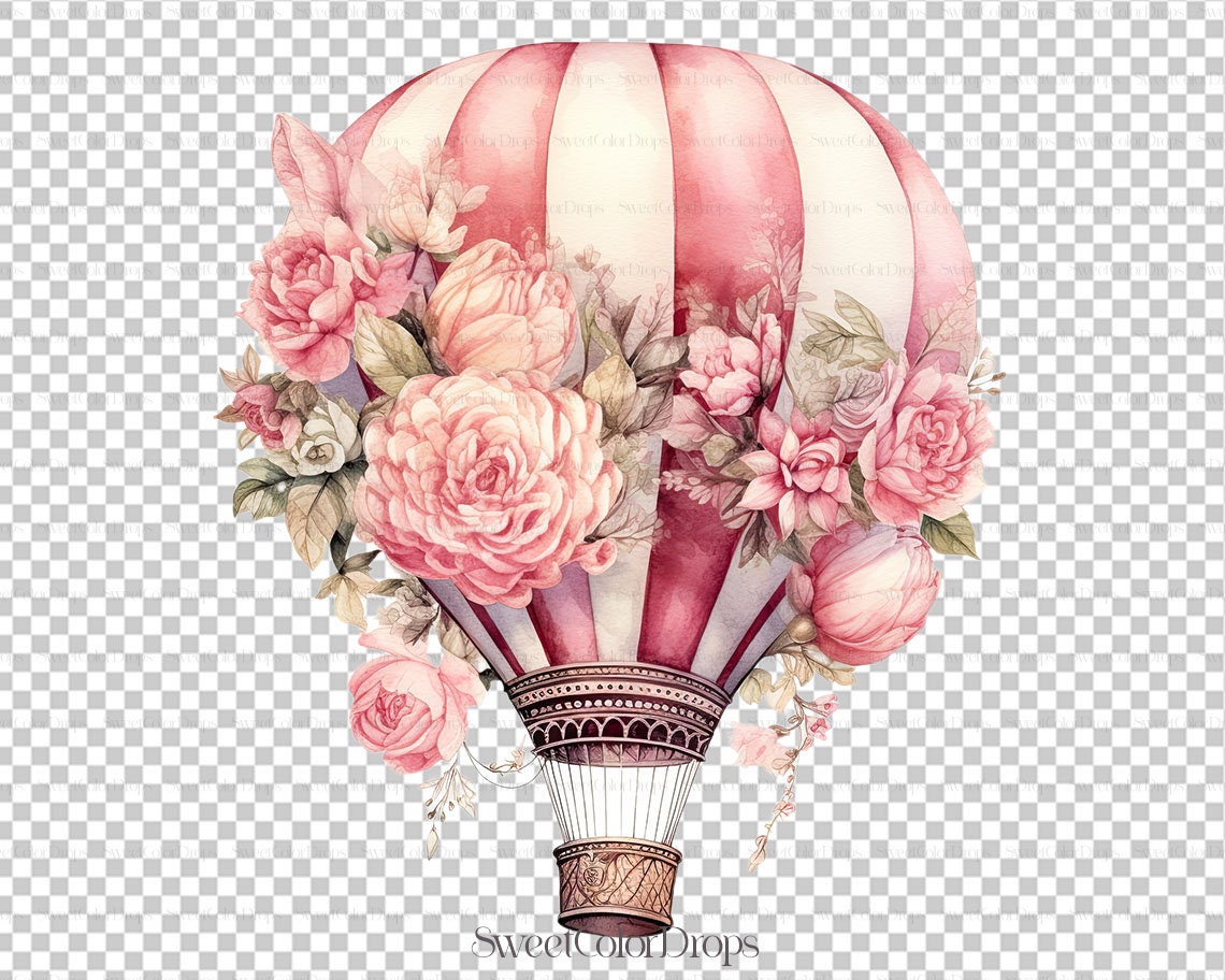 Pink Hot Air Balloon Watercolor Clipart PNG Flower Baby Shower Nursery Baby Girl Adventure