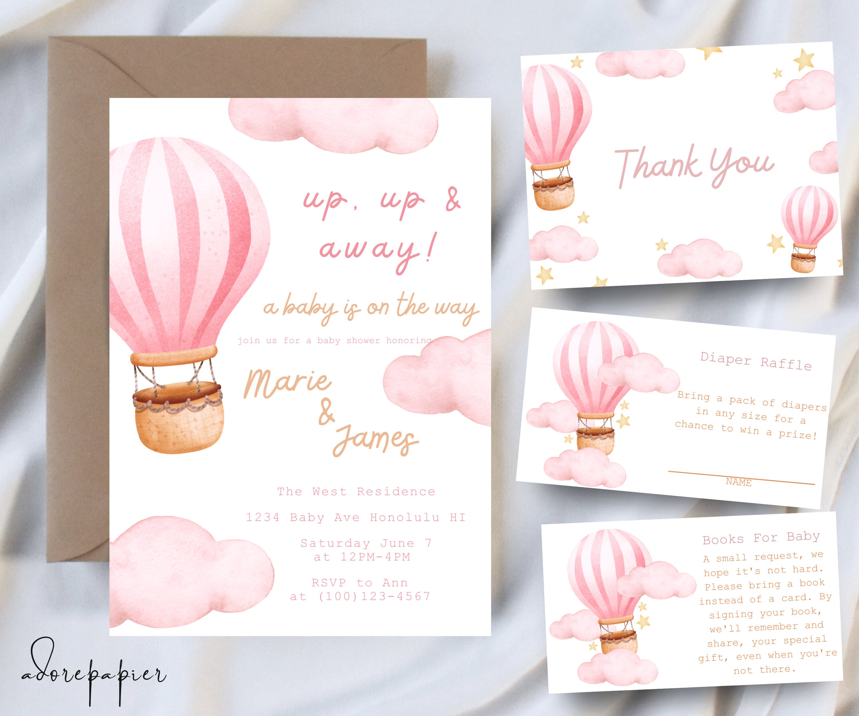 Editable Hot Air Balloon Baby Shower Invitation Bundle For Baby Girl Etsy