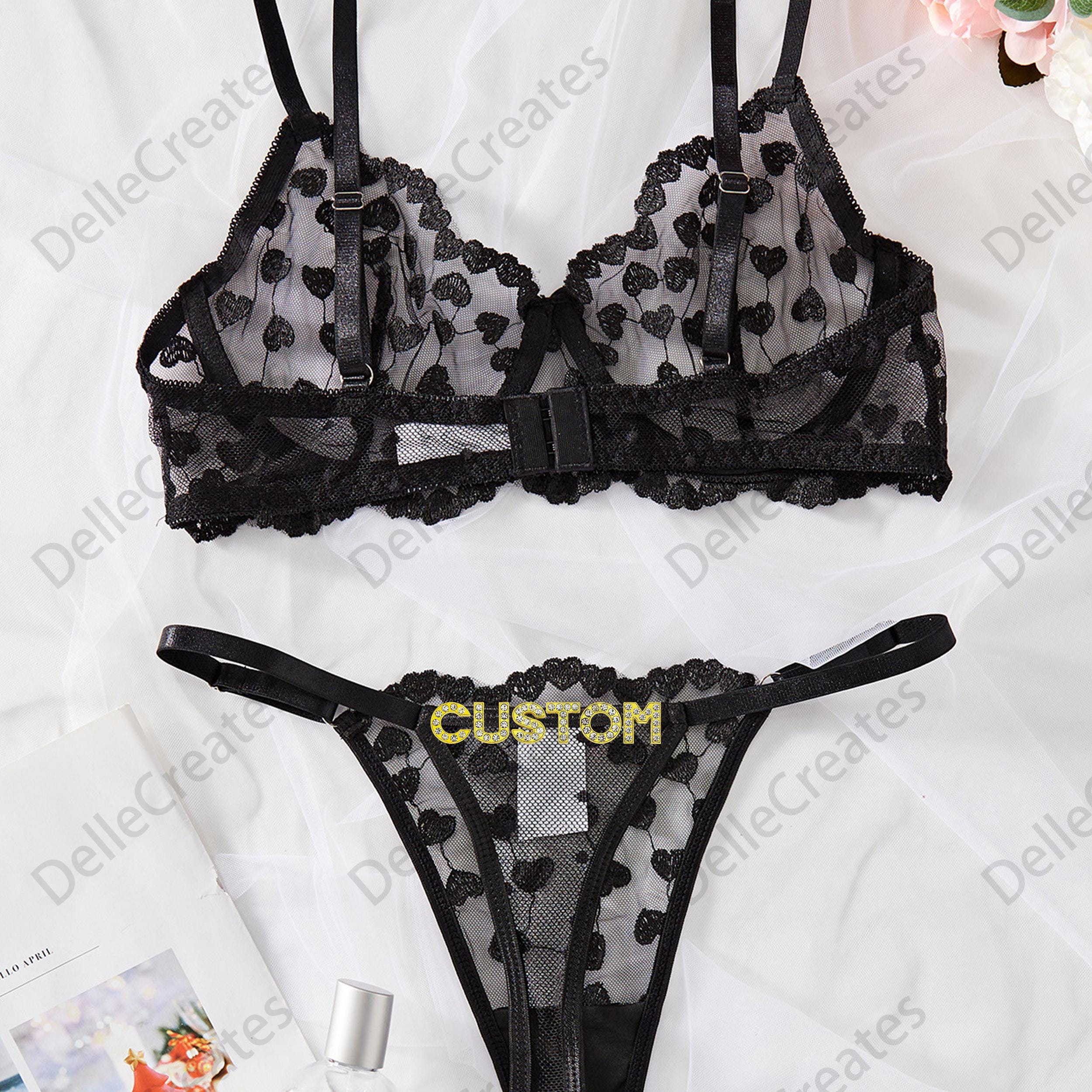 Custom Name Thong Heart Mesh Embroidery Gathered Lingerie Set Custom Thong With Letter Sexy