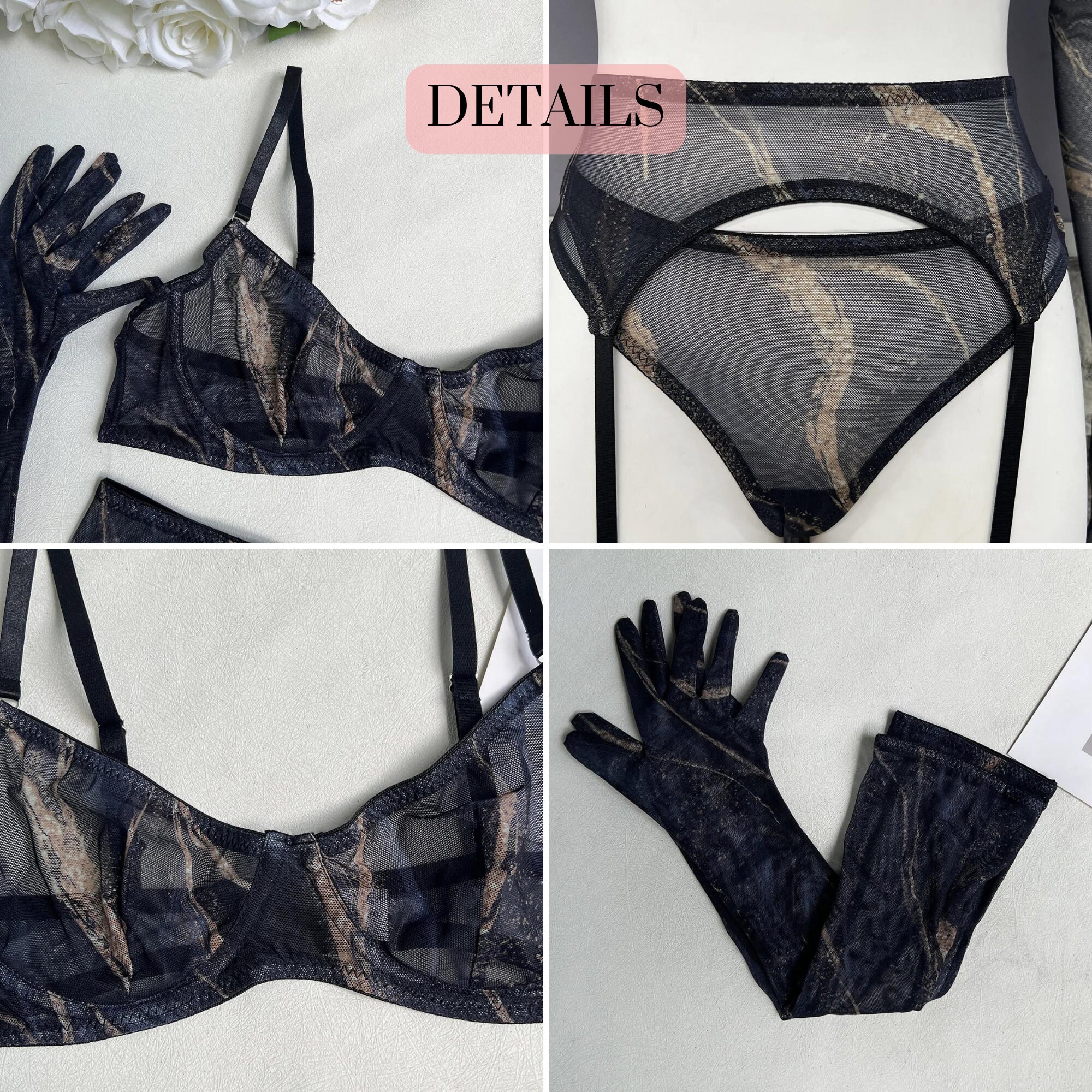 Tie Dye Lace Lingerie Set With Stocking Long Gloves Sensual See Through Underwear Etsy