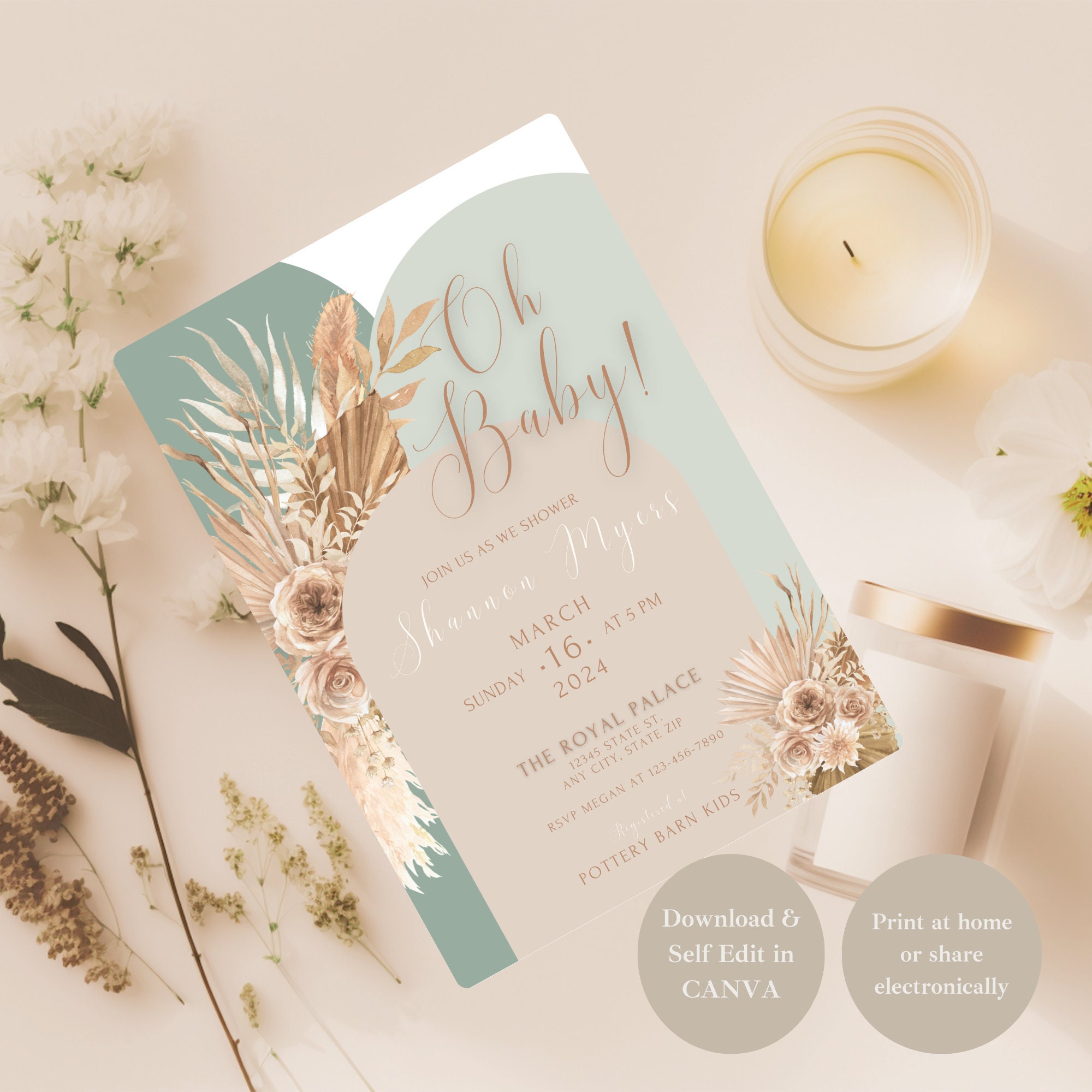 Sage And Nude Oh Baby Shower Invitation Sage Bohemian Baby Shower Invite Nude Green Floral