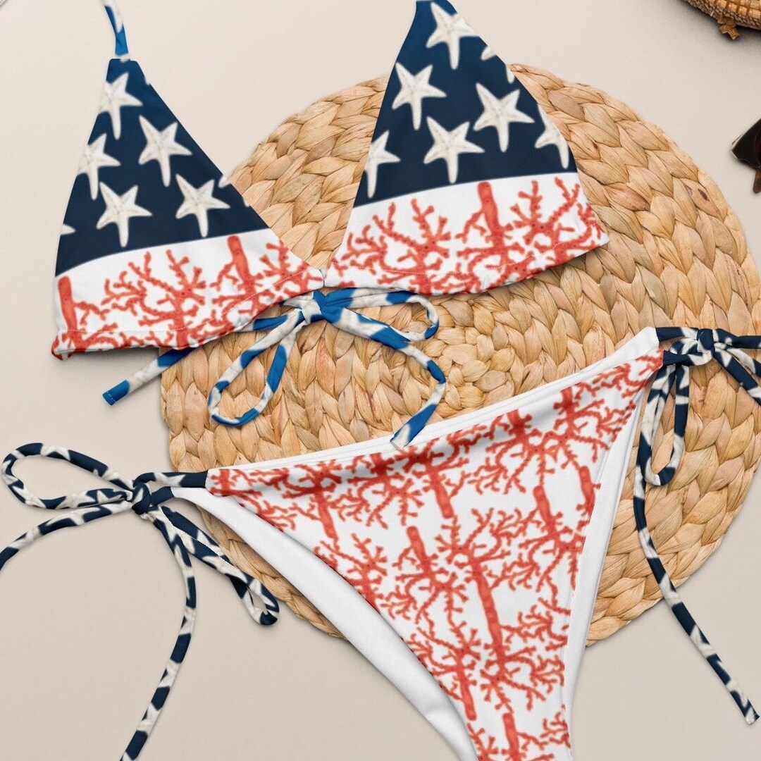 Coastal Patriotic Swimsuit Starfish And Red Coral Bikini Coastal Flag Swimsuit Trendy