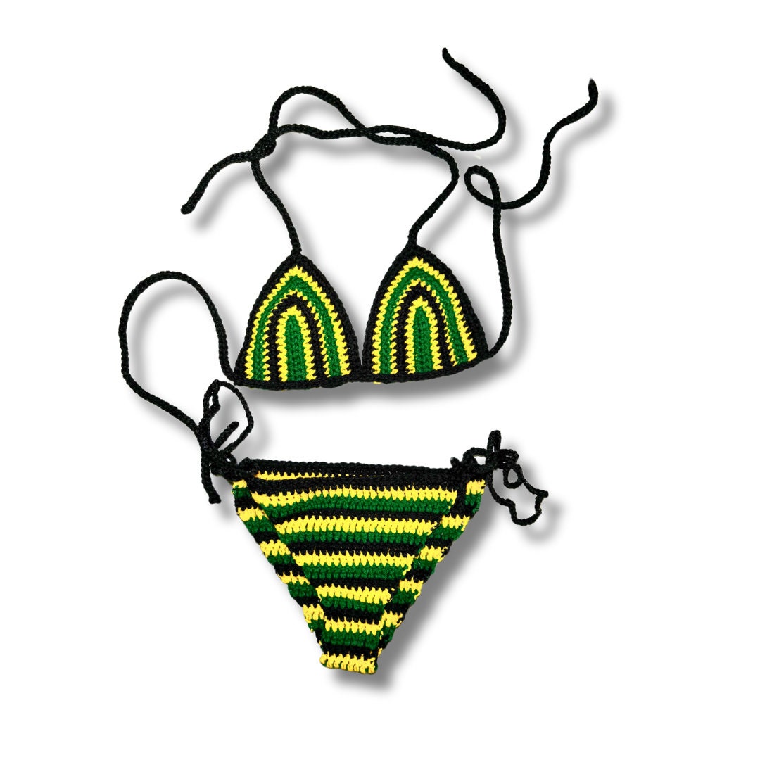 Handmade Jamaica Crochet Bikini Piece Set With Micro Mini Skirt And Bucket Hat Etsy