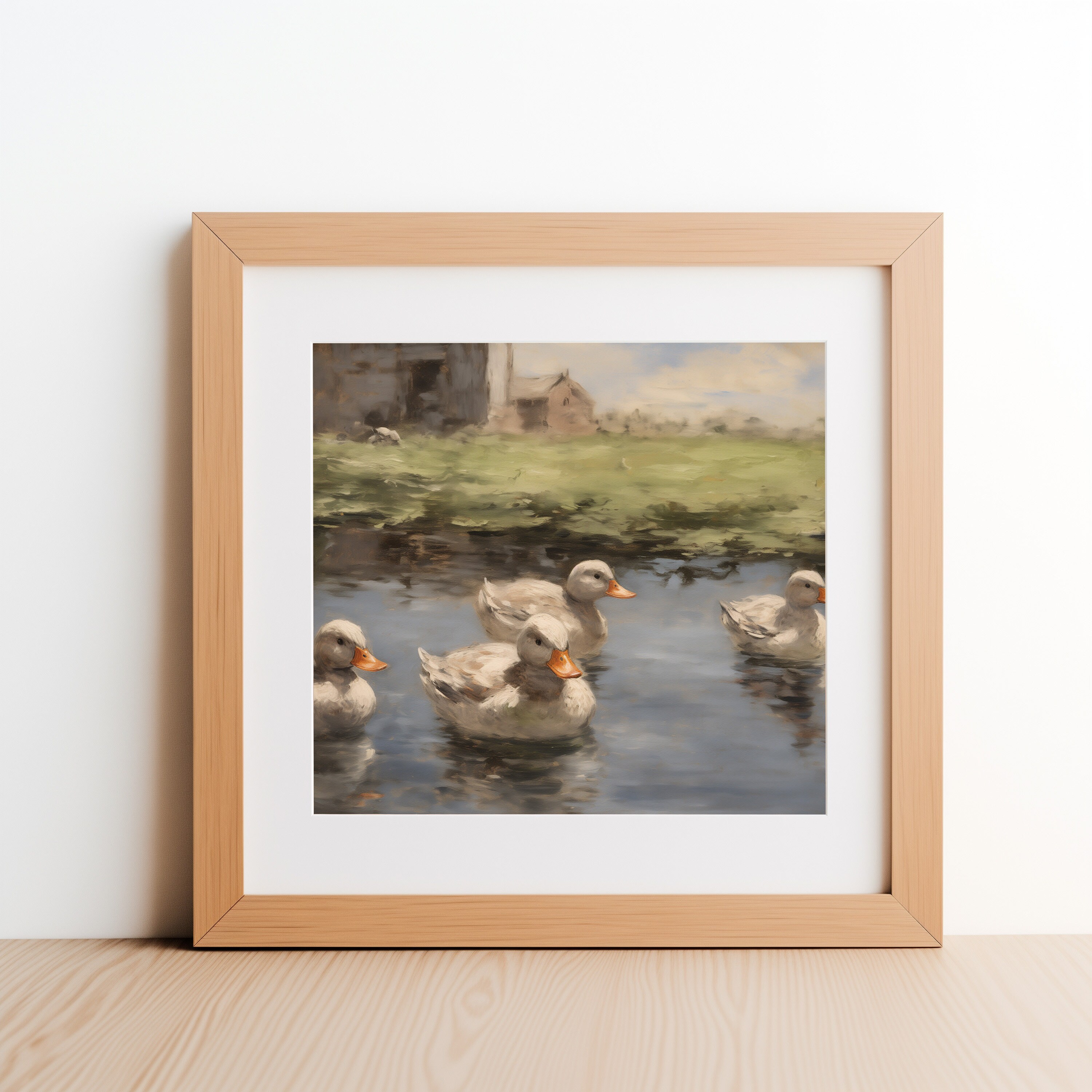 Vintage Style Kitchen Farm Wall Art Print Ducks In A Pond Oil Painting