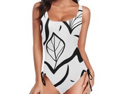 Minimalist Black and White One-Piece Swimsuit: Adjustable Drawstring, Plus Size