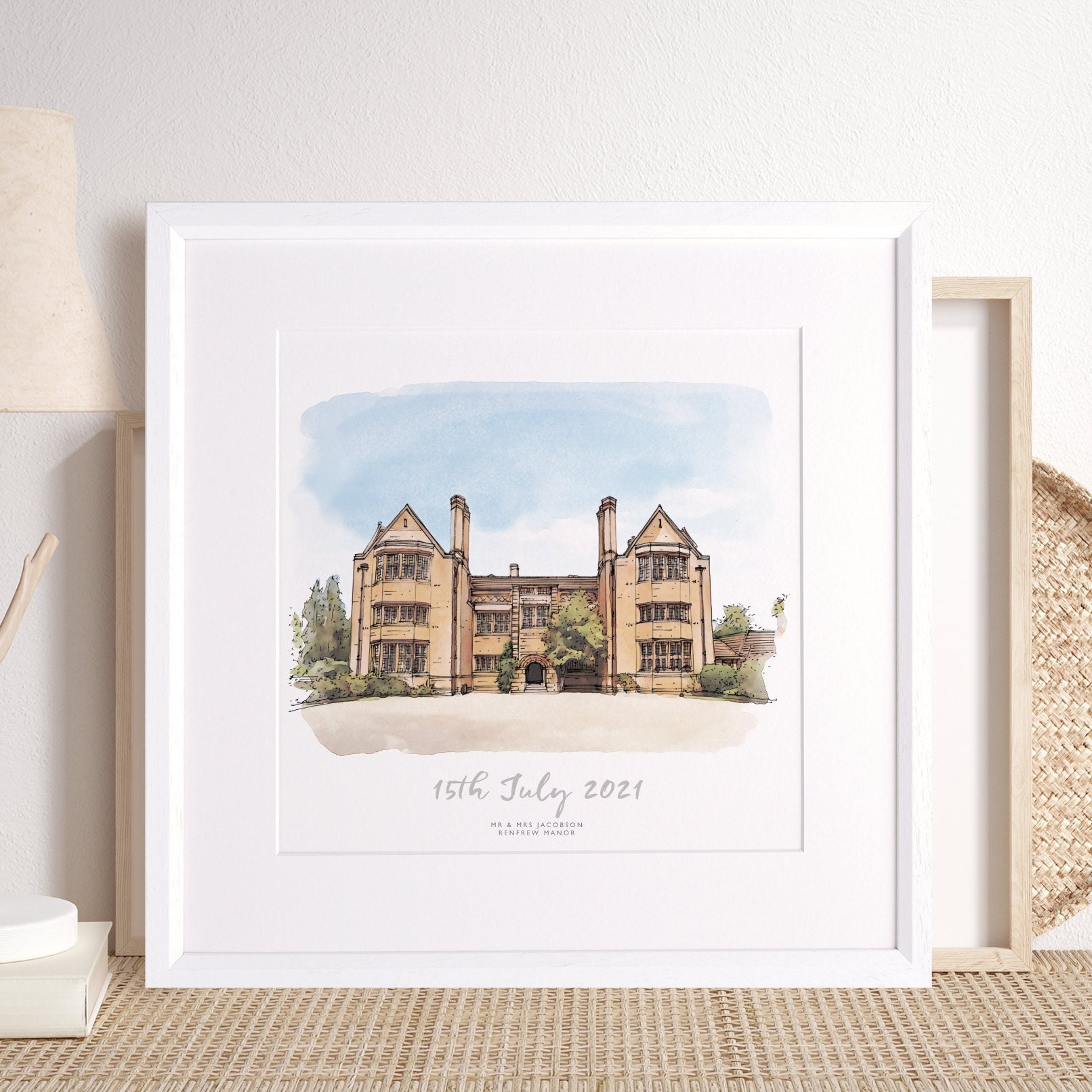 Watercolour Wedding Venue Sketch Hand Drawn Personalised Gift Custom Building Illustration, Unique Christmas Xmas Presents For Couple Ideas