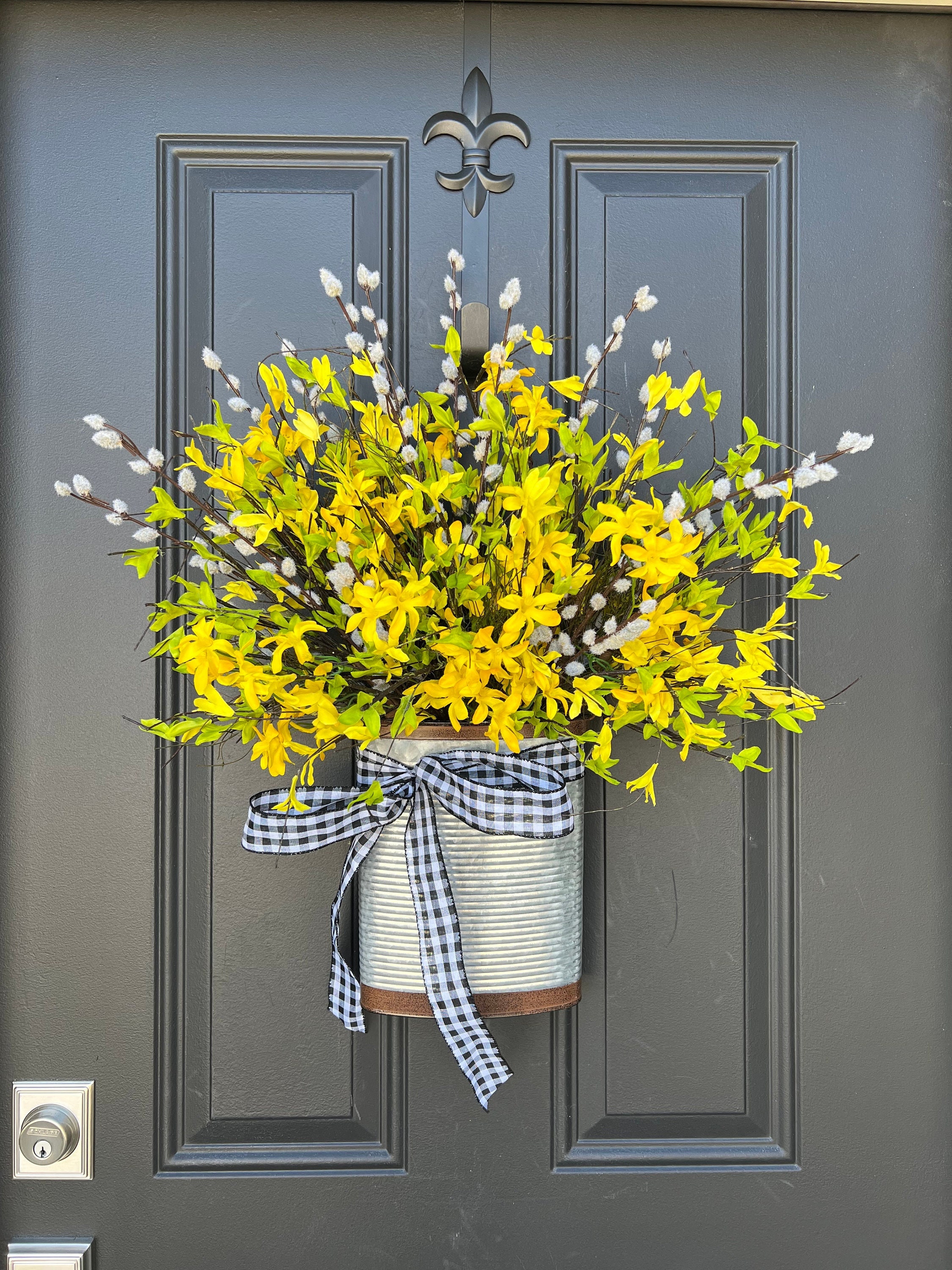 Yellow Forsythia Bucket Wreath With Pussy Willow Spring Forsythia Door
