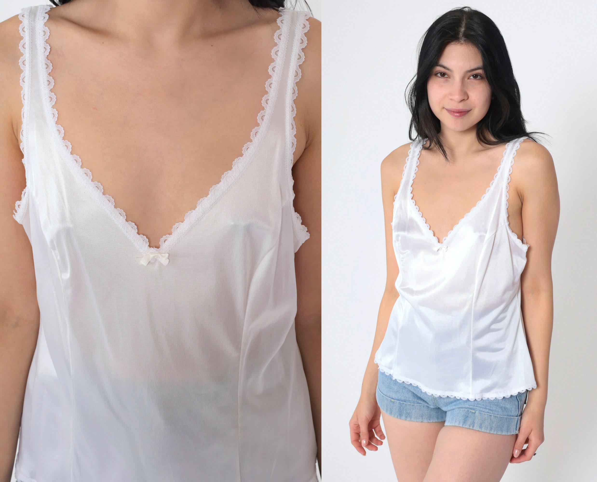 Lingerie Cami Top White Camisole Tank Top S S Nylon Undershirt Lace Trim Deep V Neck Bow Top