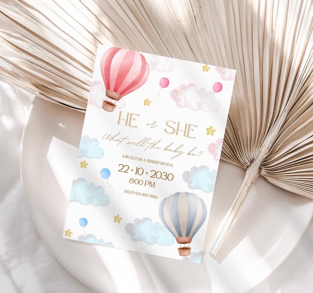 Hot Air Balloon Gender Reveal Invitation Editable Baby Shower Template Digital Etsy