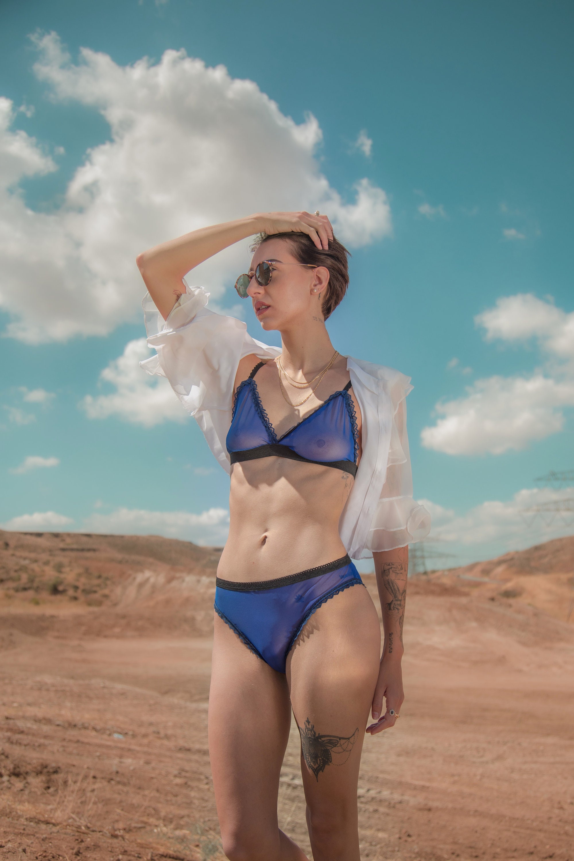 Sheer Lingerie Set Blue See Through Panties Mesh Tulle Bralette Transparent Wireless Bra