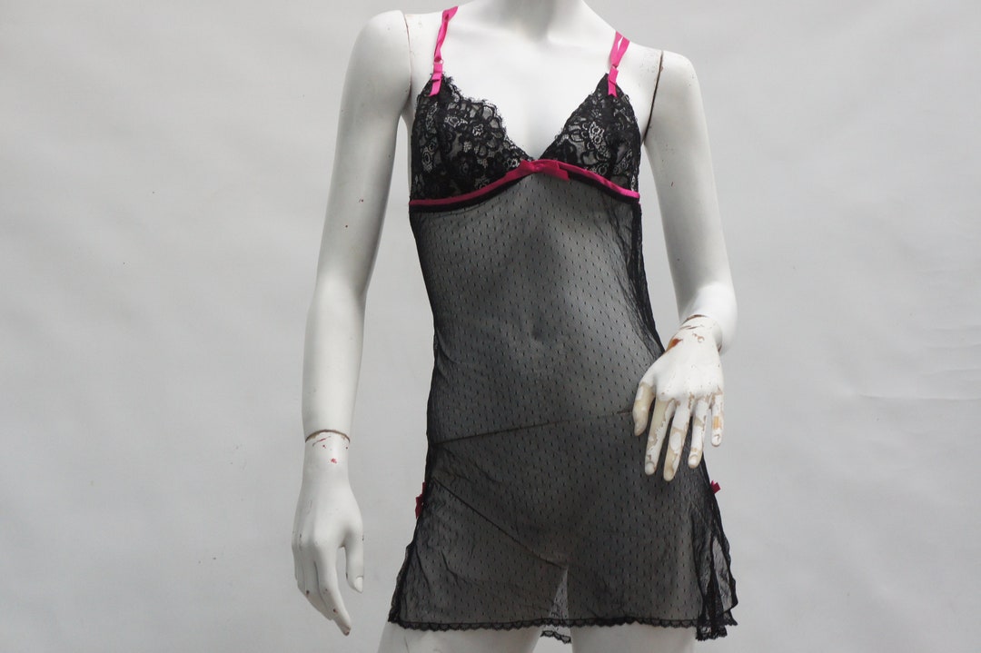 Vintage Victoria Secret Sheer Black Lace Babydoll Slip Nightgown Camisole Sexy Lingerie Goth