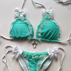 Victorian Lolita Scrunch Bottom Brazilian Bikini Mint Aqua Ruffle Bows Cheeky Ddlg Kawaii Rococo