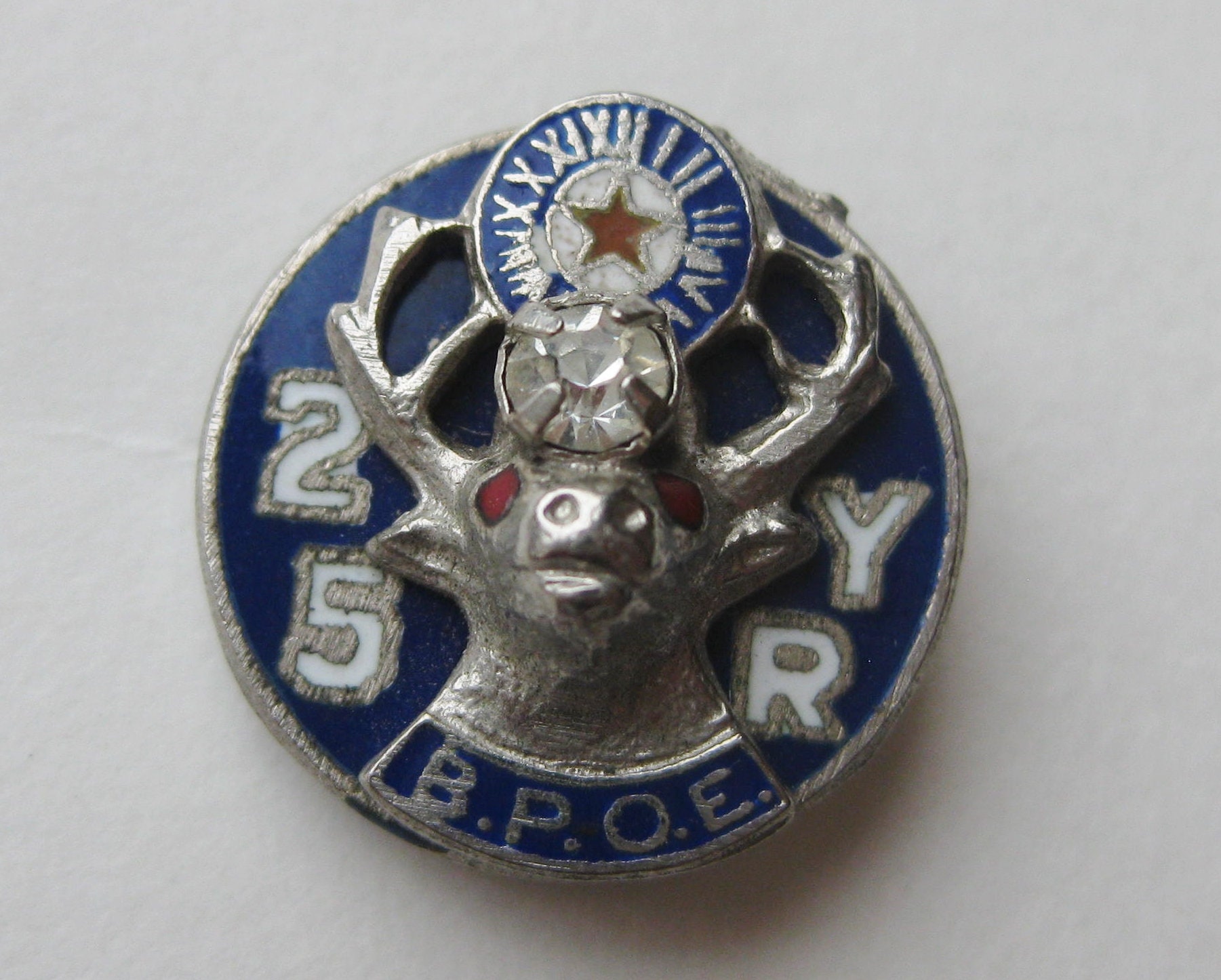 Antique Sterling Silver Enamel 25 Year BPOE Elks Lodge Member Lapel Pin