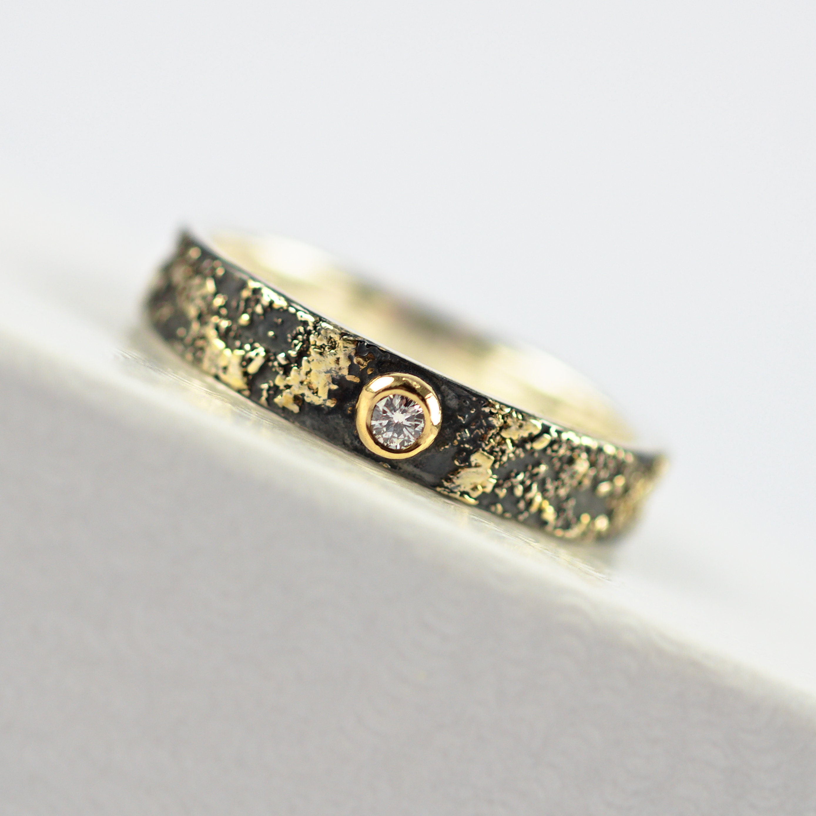 Gold Chaos - Tiny Diamond, Oxidized Silver & 18Kt Alternative Rustic Engagement Ring
