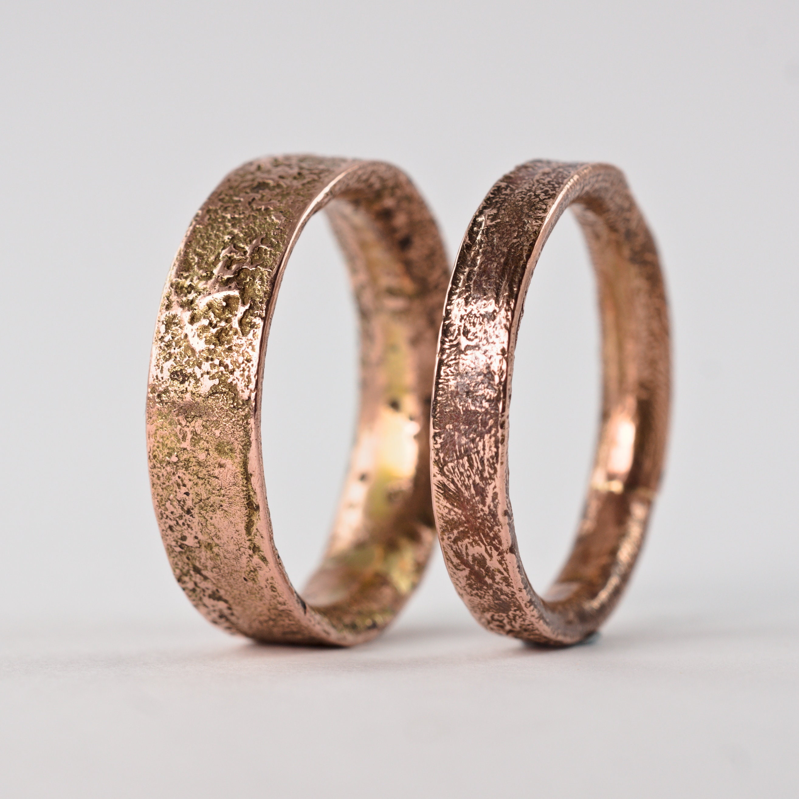 Rustic Gold Engagement Ring Set, 9K Rose Wedding Bands