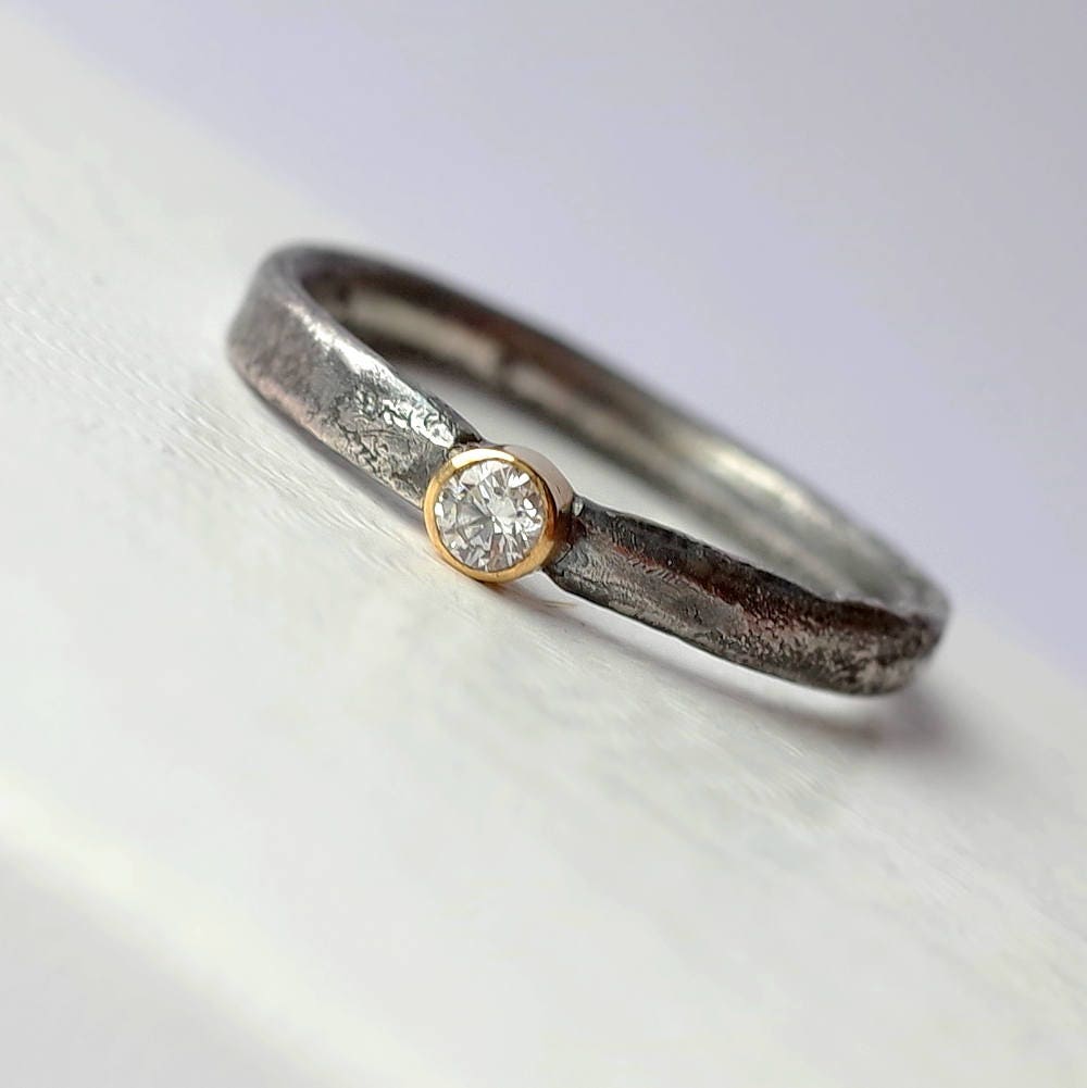 Rustic Diamond With 3mm - Conflict Free Engagement Ring, Sterling Silver & 18K Gold