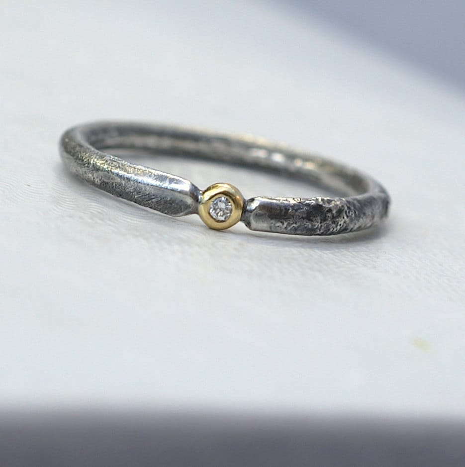 Rustic Diamond - Unique Engagement Ring With Small Diamond, Sterling Silver & 18K Gold, Conflict Free