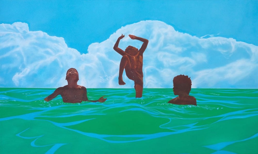 An art print featuring three Black boys playing in the sea, by Mark Milligan