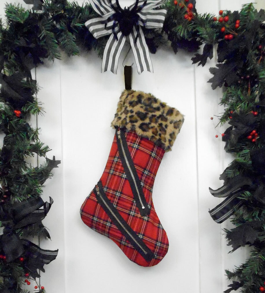 punk christmas stocking, red and black plaid bondage pants style