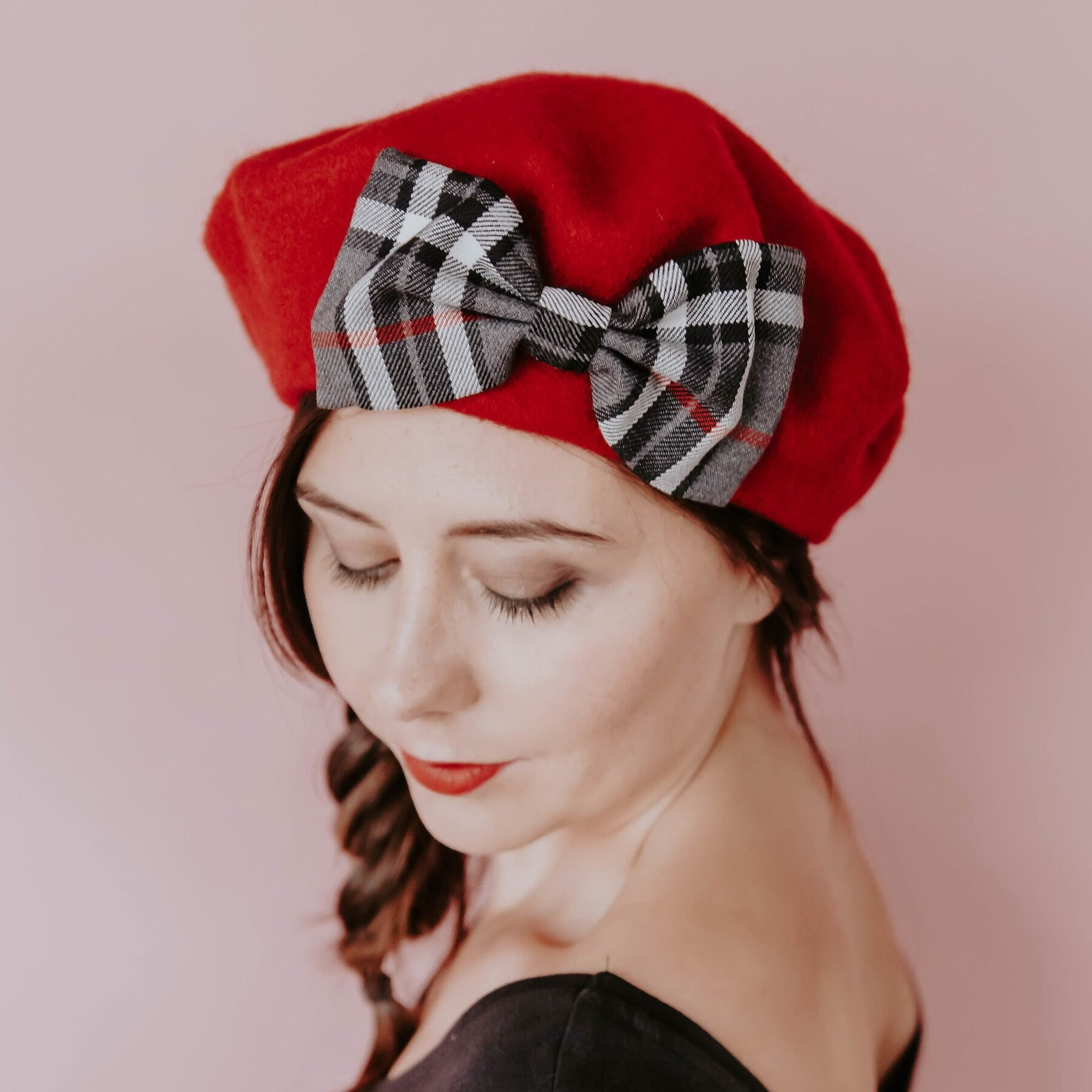 Red Beret Hat With Grey Tartan Bow, Wool Felt French Hat, Winter