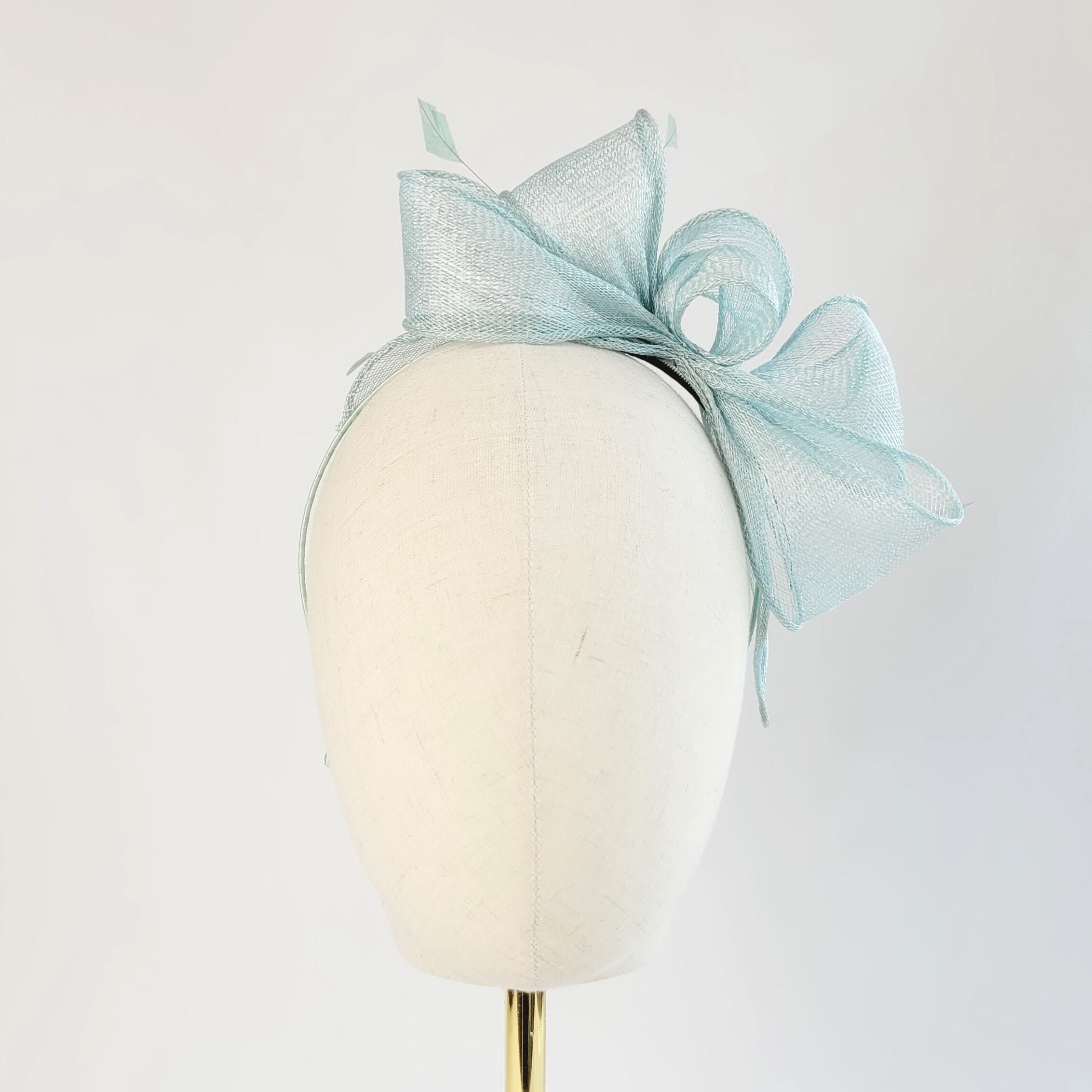 Aqua Blue Loop Fascinator With Coque Feathers, Pale Sinamay Fascinator, Wedding Race Day