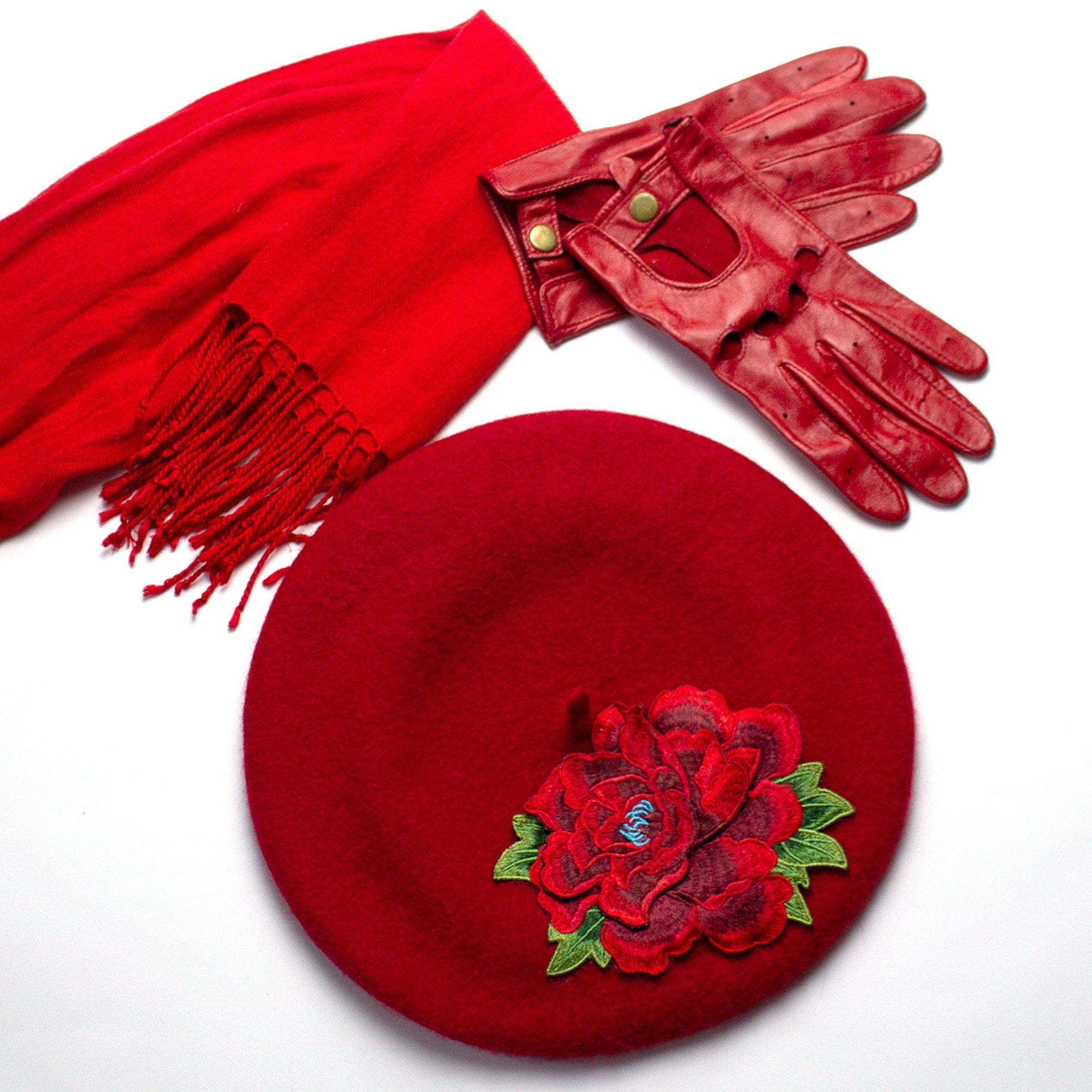 Red Beret Hat With Large Embroidery Flower, Wool Felt Hat, French Women’s Winter