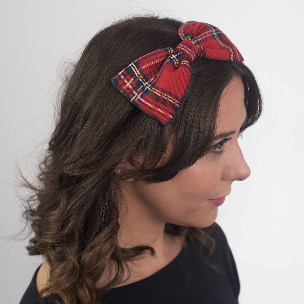 Red Tartan Bow Headband, Aliceband, Hair Bow, Stewart