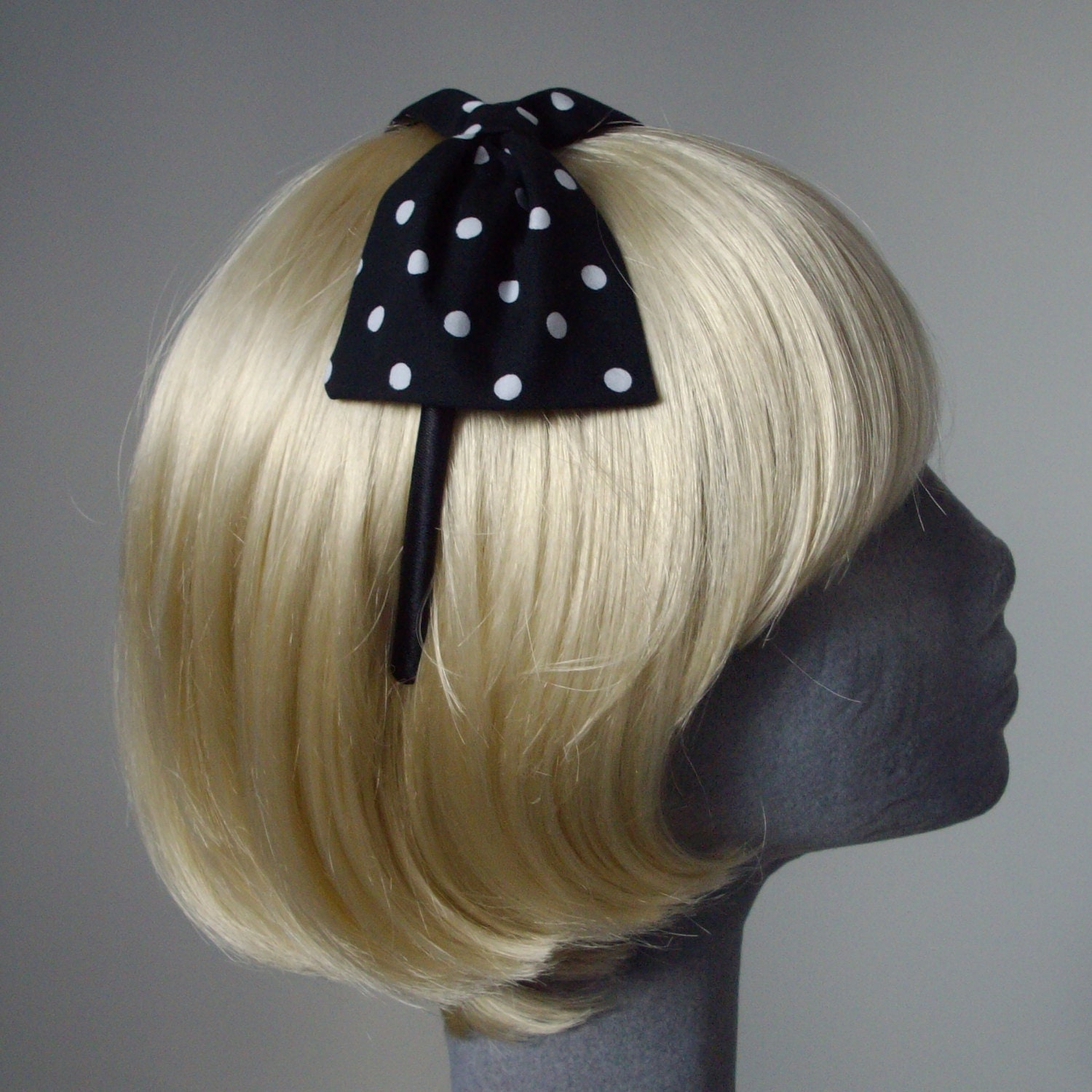 Black Polka Dot Bow Headband, Aliceband, Hair Bow, Accessories