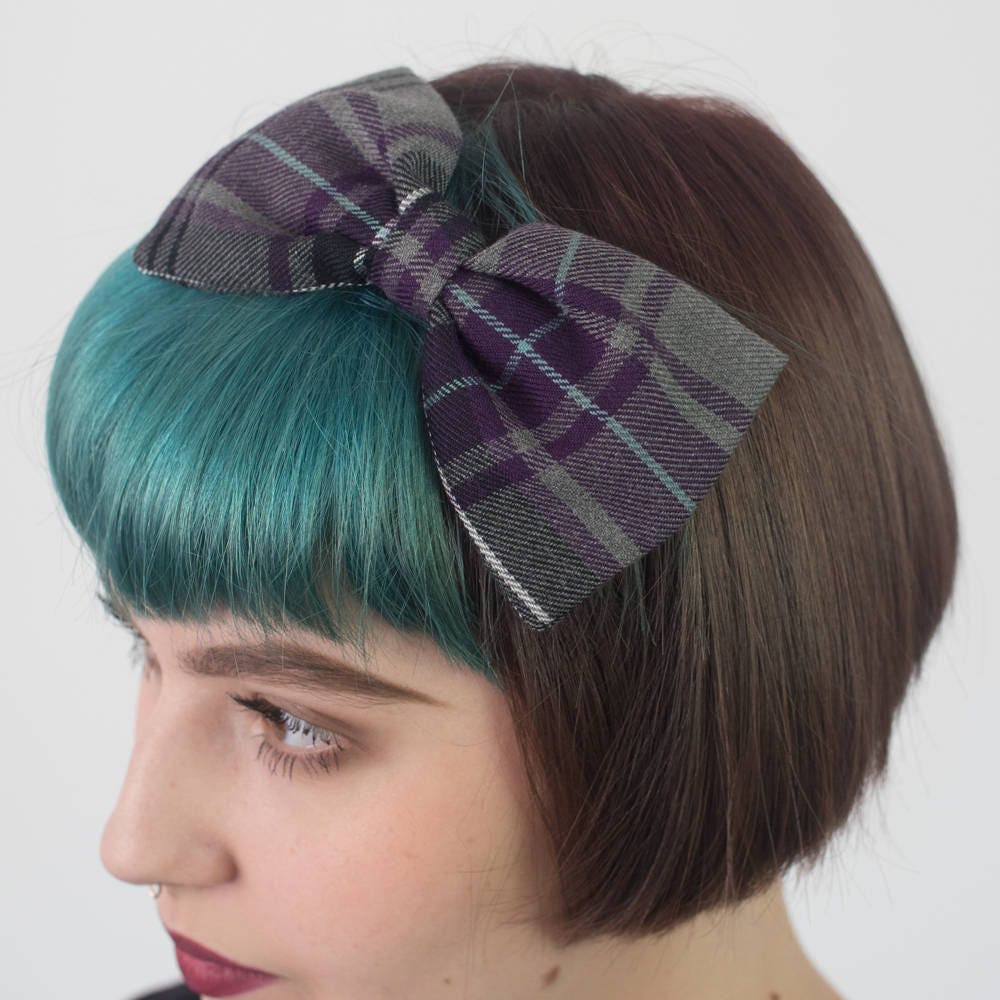 Purple Grey Tartan Bow Headband, Aliceband, Hair