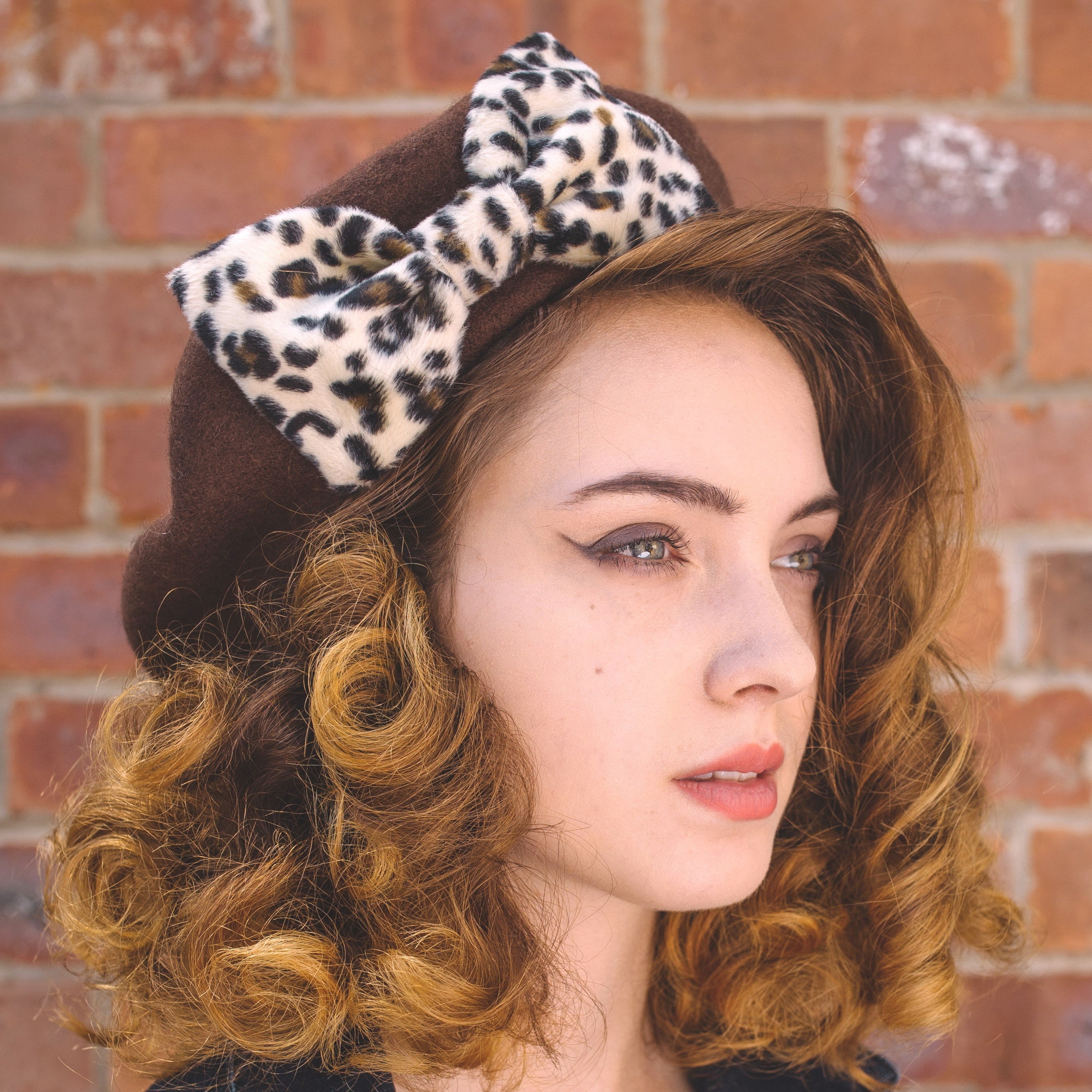 Chocolate Brown Beret Hat With Leopard Fake Fur Bow, Wool Felt Hat, French Winter