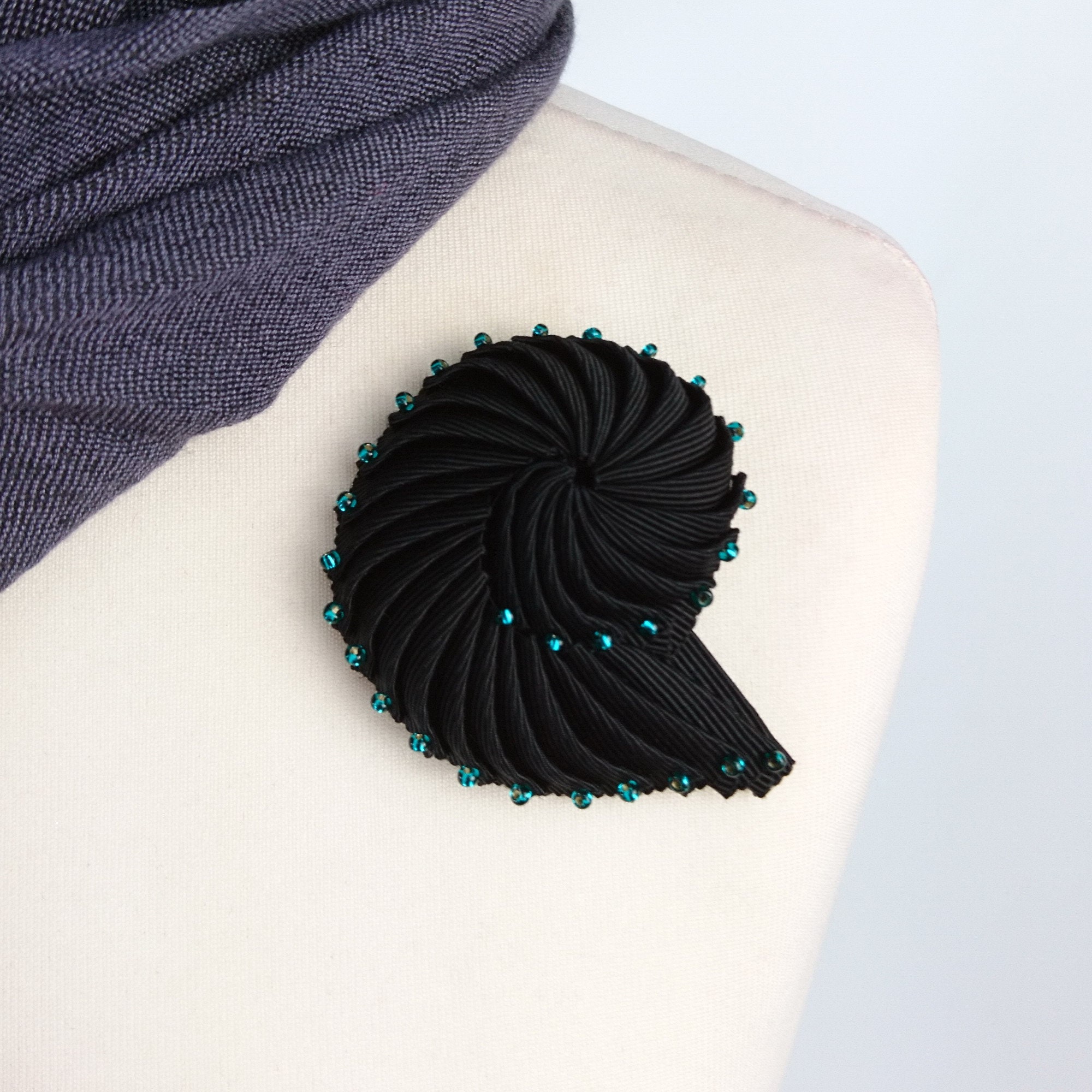 Black Ribbon Nautilus Shell Brooch With Turquoise Glass Seed Beads, Brooch, Seashell Textile Art Millinery