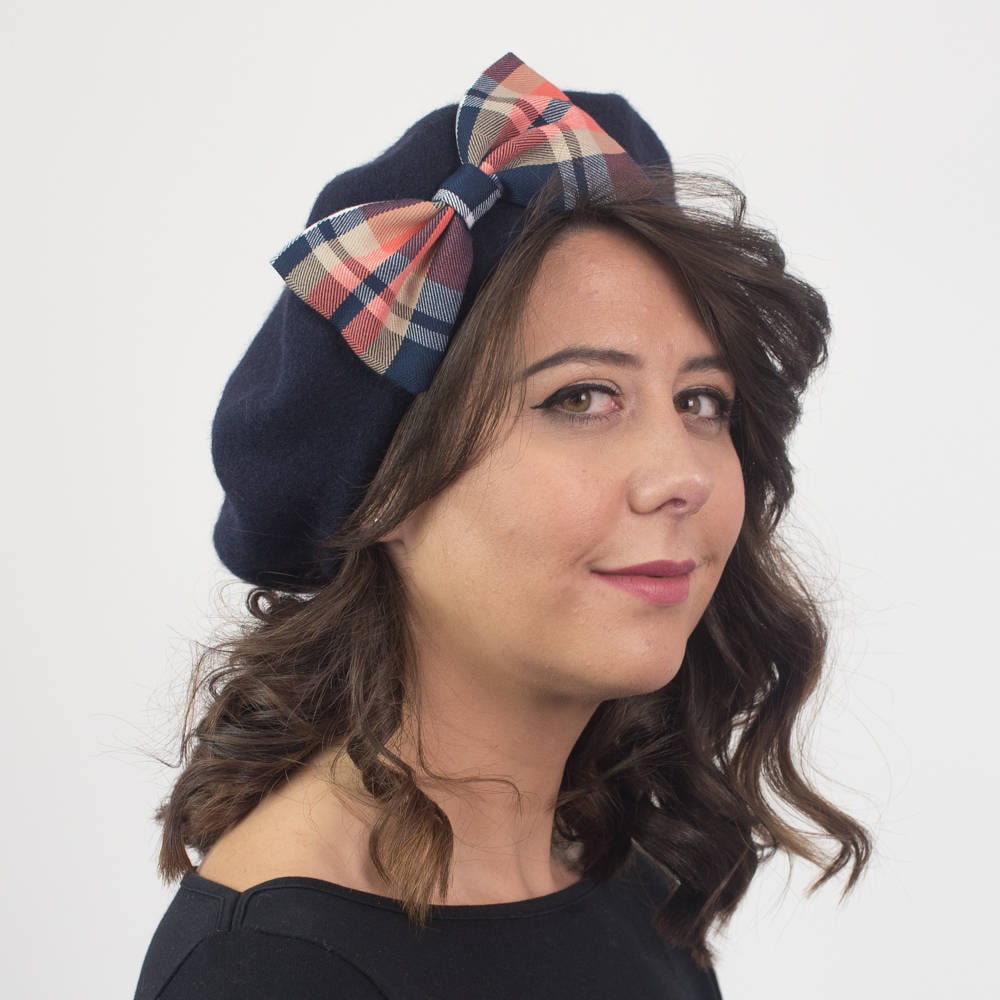 Navy Blue Wool Felt Beret Hat With Peach Tartan Bow, French Hat, Cute Beret, Dark Plaid Bow