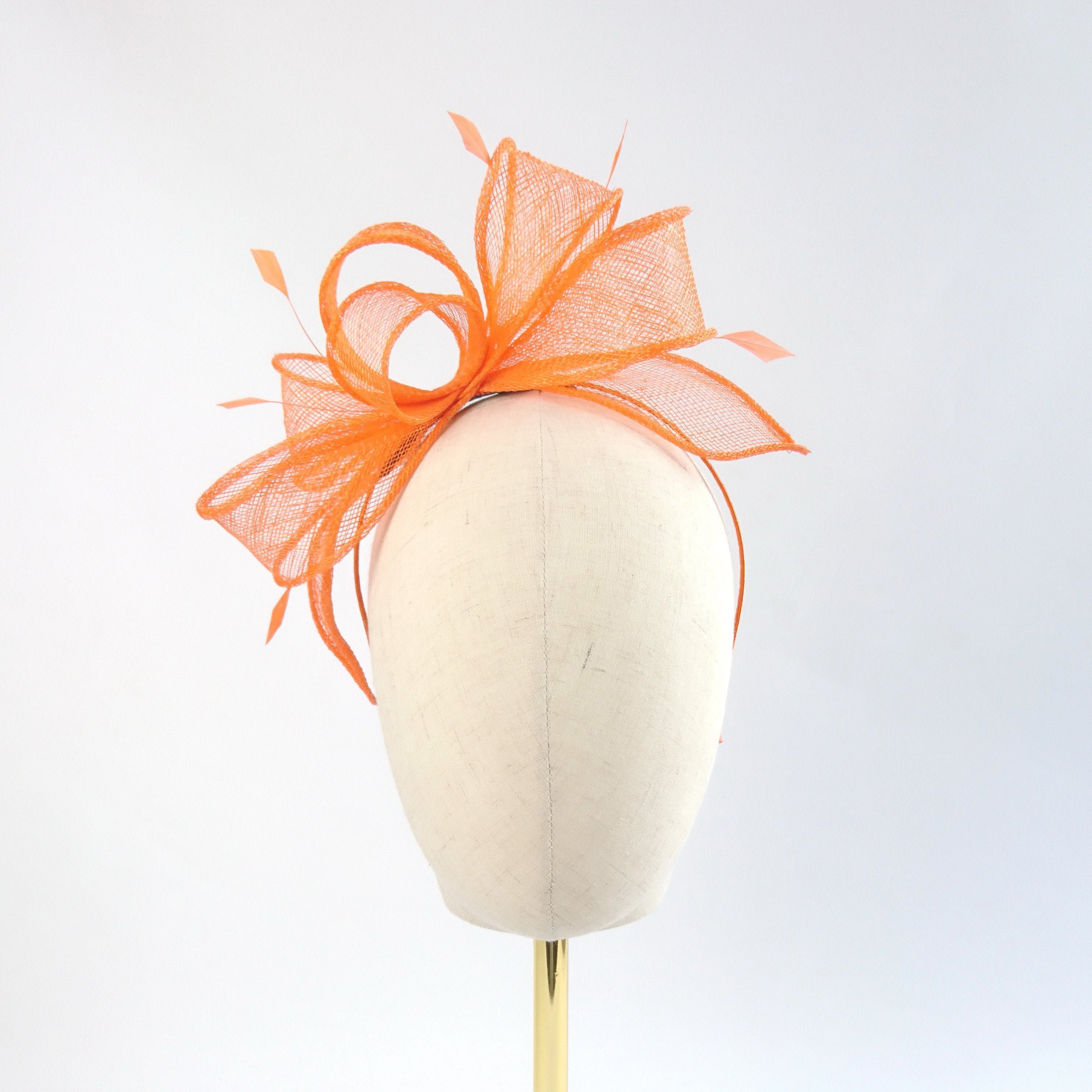 Orange Loop Fascinator With Coque Feathers, Sinamay Hat, Wedding Race Day Hat