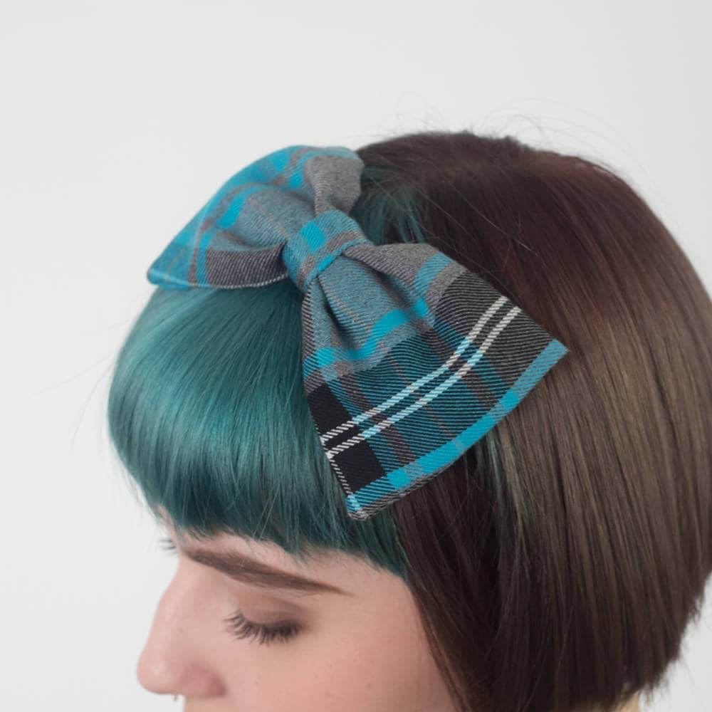 Turquoise Grey Tartan Bow Headband, Aliceband, Hair