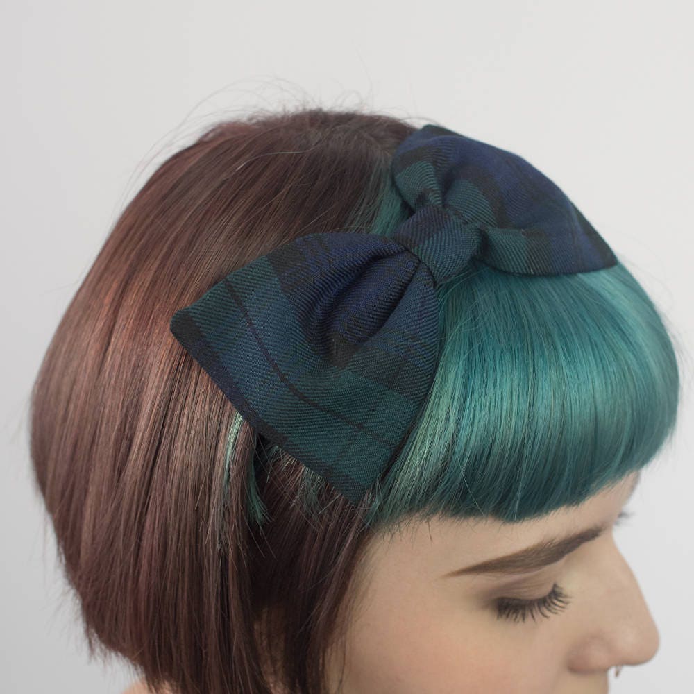 Navy Blue Green | Black Watch Tartan Bow Headband, Aliceband, Hair