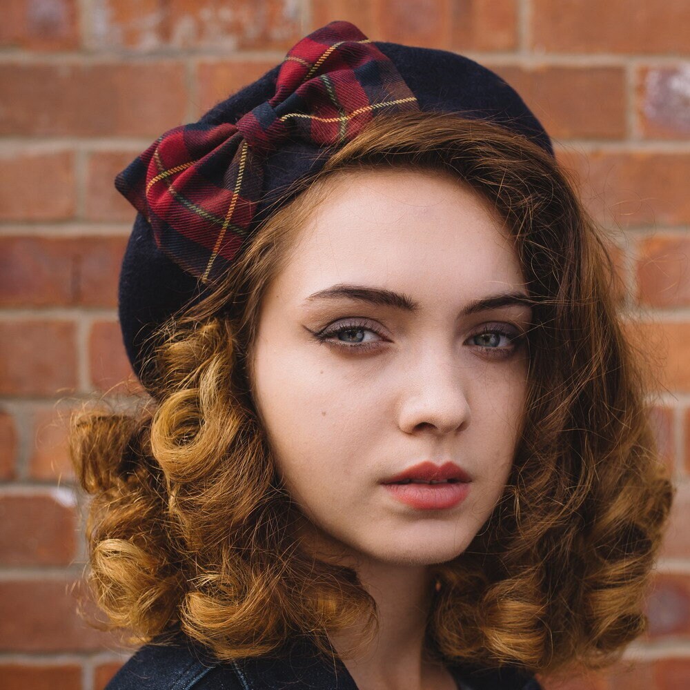 Navy Blue Wool Felt Beret Hat With Wine Brown Tartan Bow, French Winter