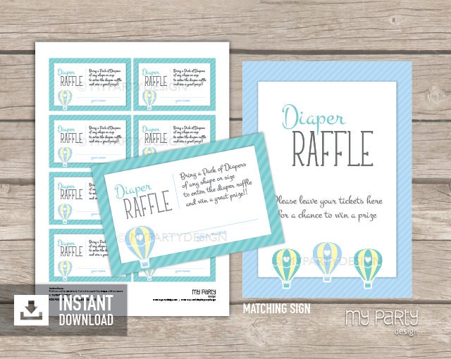 Hot Air Balloon Baby Shower Diaper Raffle Tickets Game Boy Blue White Diaper Raffle Card Insert